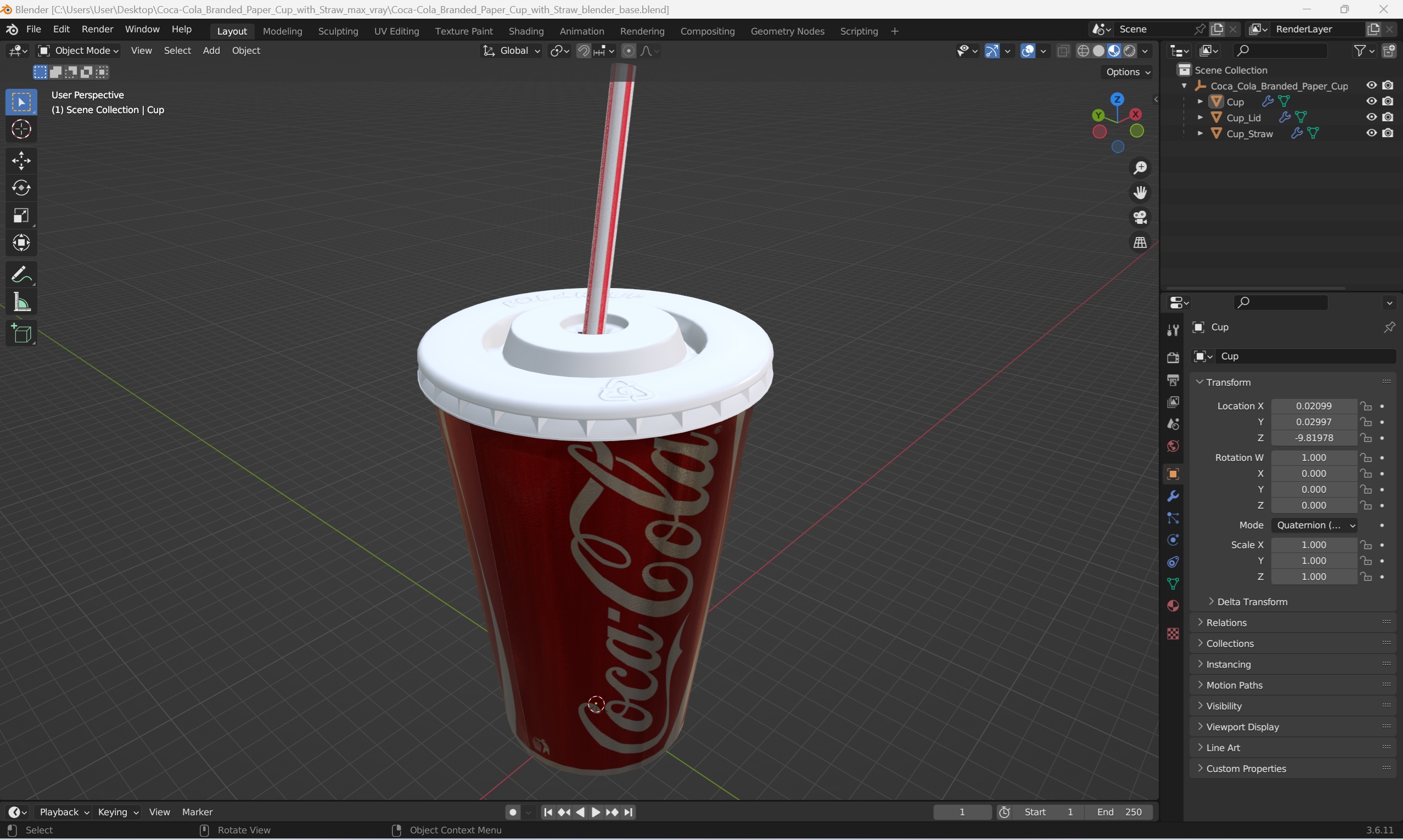 3D Coca-Cola Branded Paper Cup with Straw model