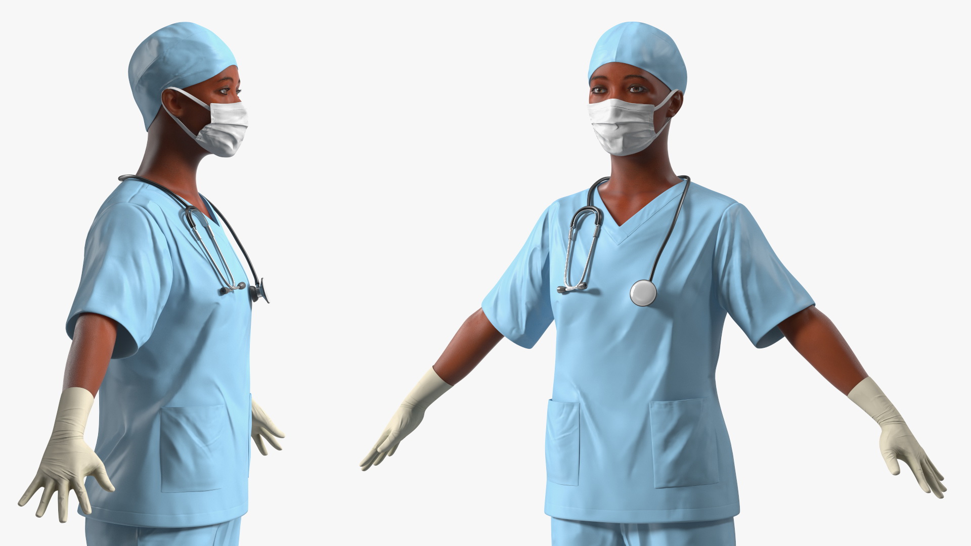 3D Female Doctor in Scrubs with Stethoscope and Mask Fur model