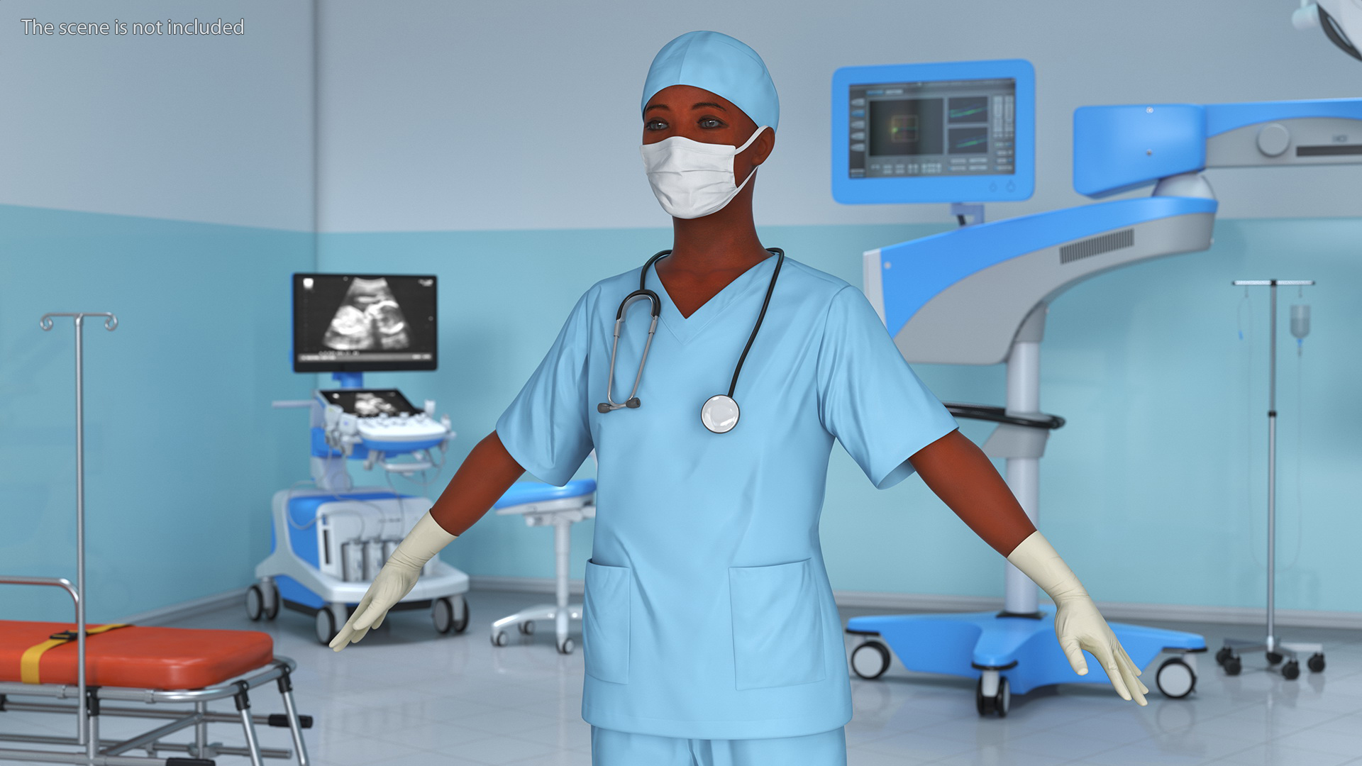 3D Female Doctor in Scrubs with Stethoscope and Mask Fur model