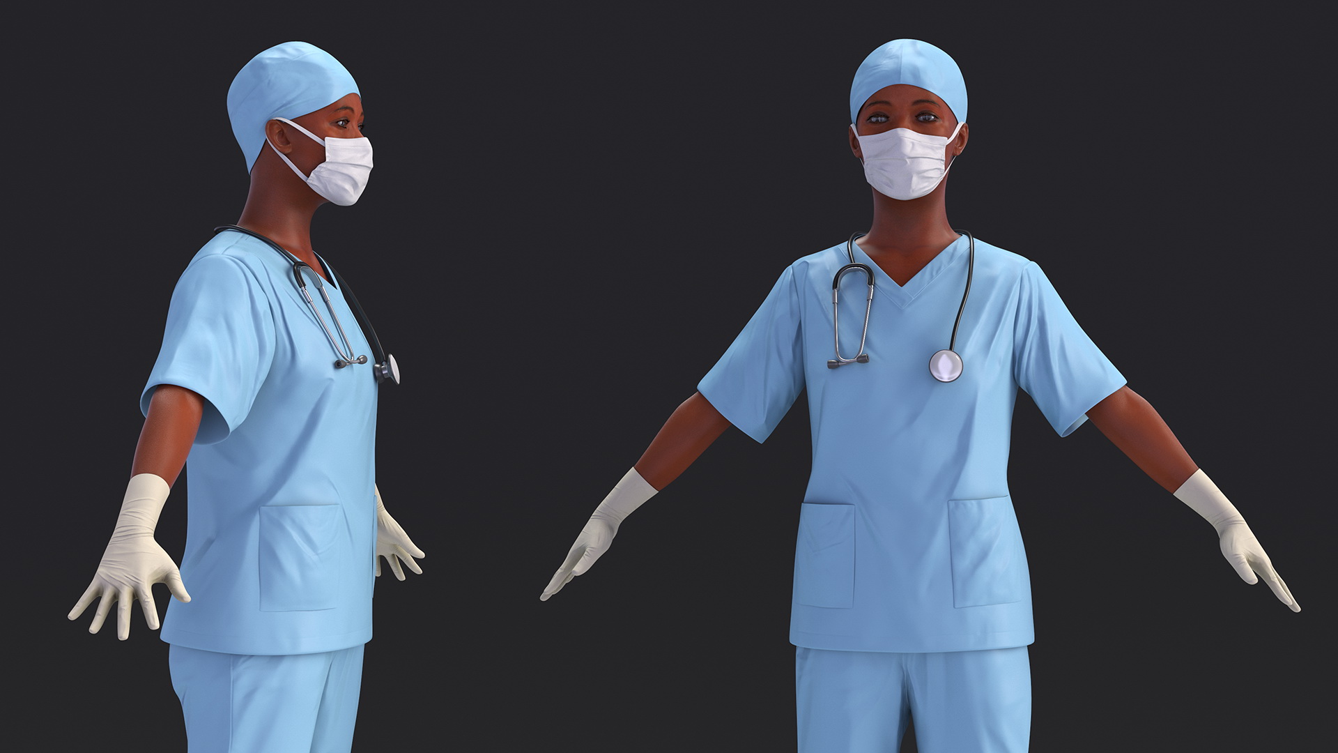 3D Female Doctor in Scrubs with Stethoscope and Mask Fur model