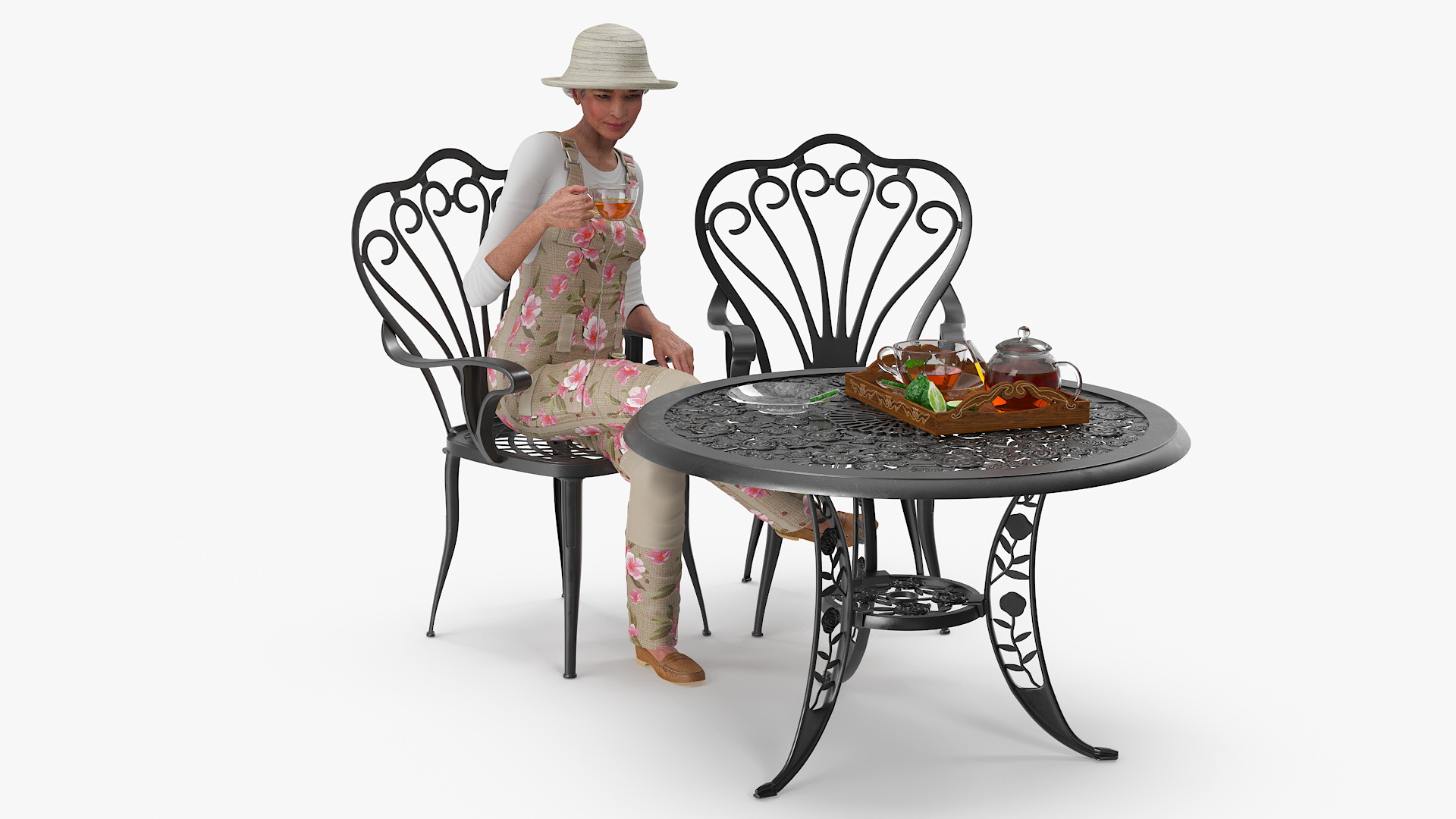 3D Woman Having Tea in Garden