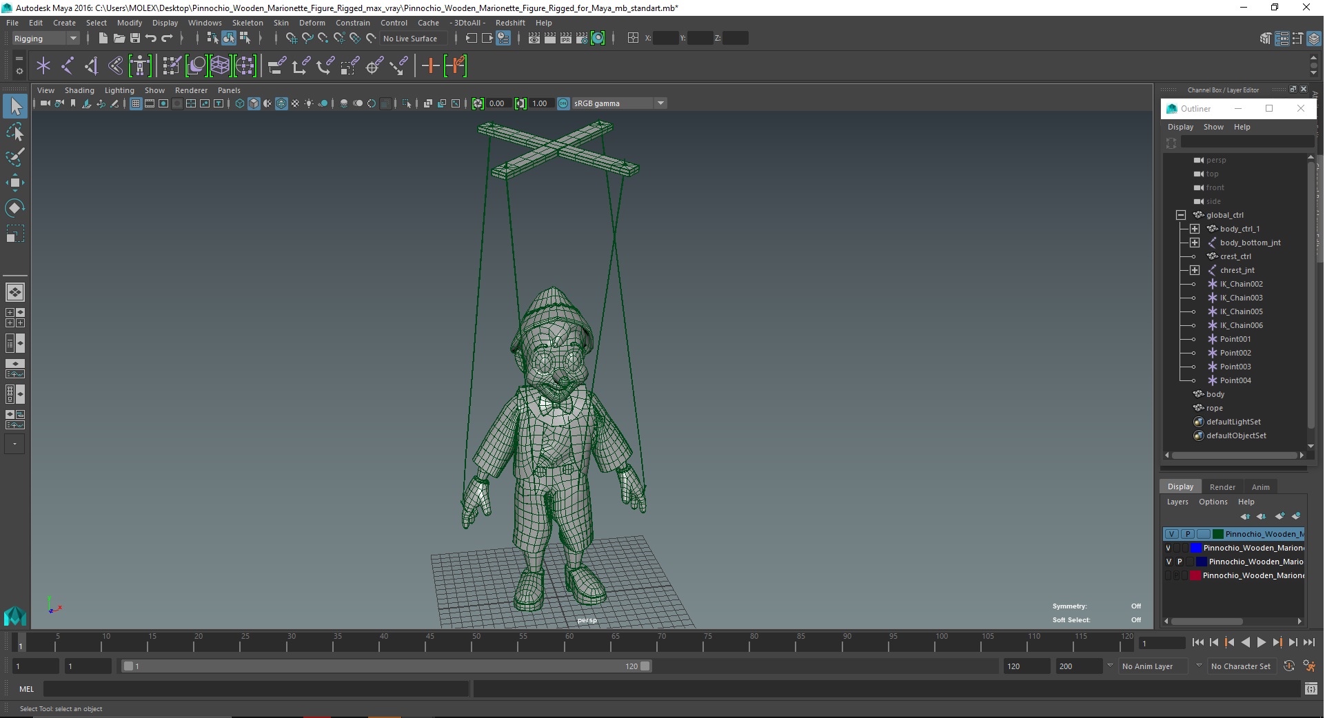 3D model Pinnochio Wooden Marionette Figure Rigged for Maya