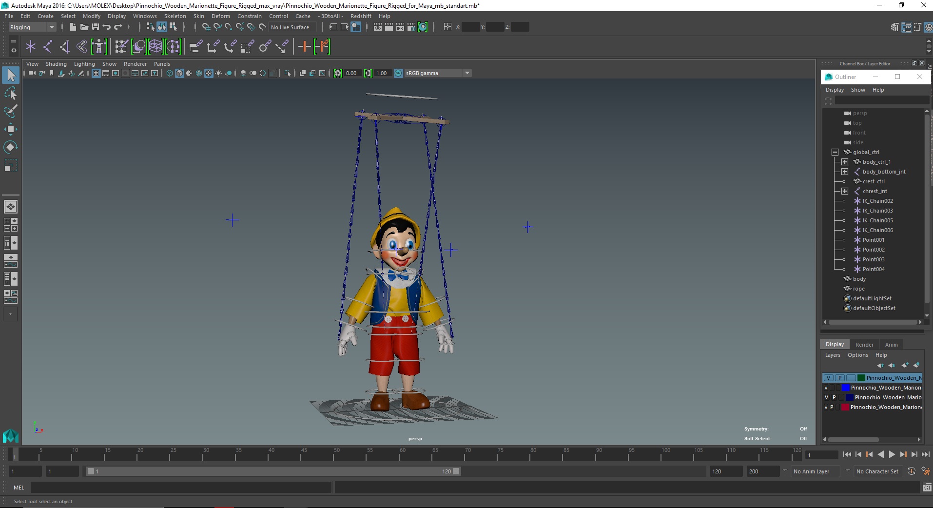 3D model Pinnochio Wooden Marionette Figure Rigged for Maya