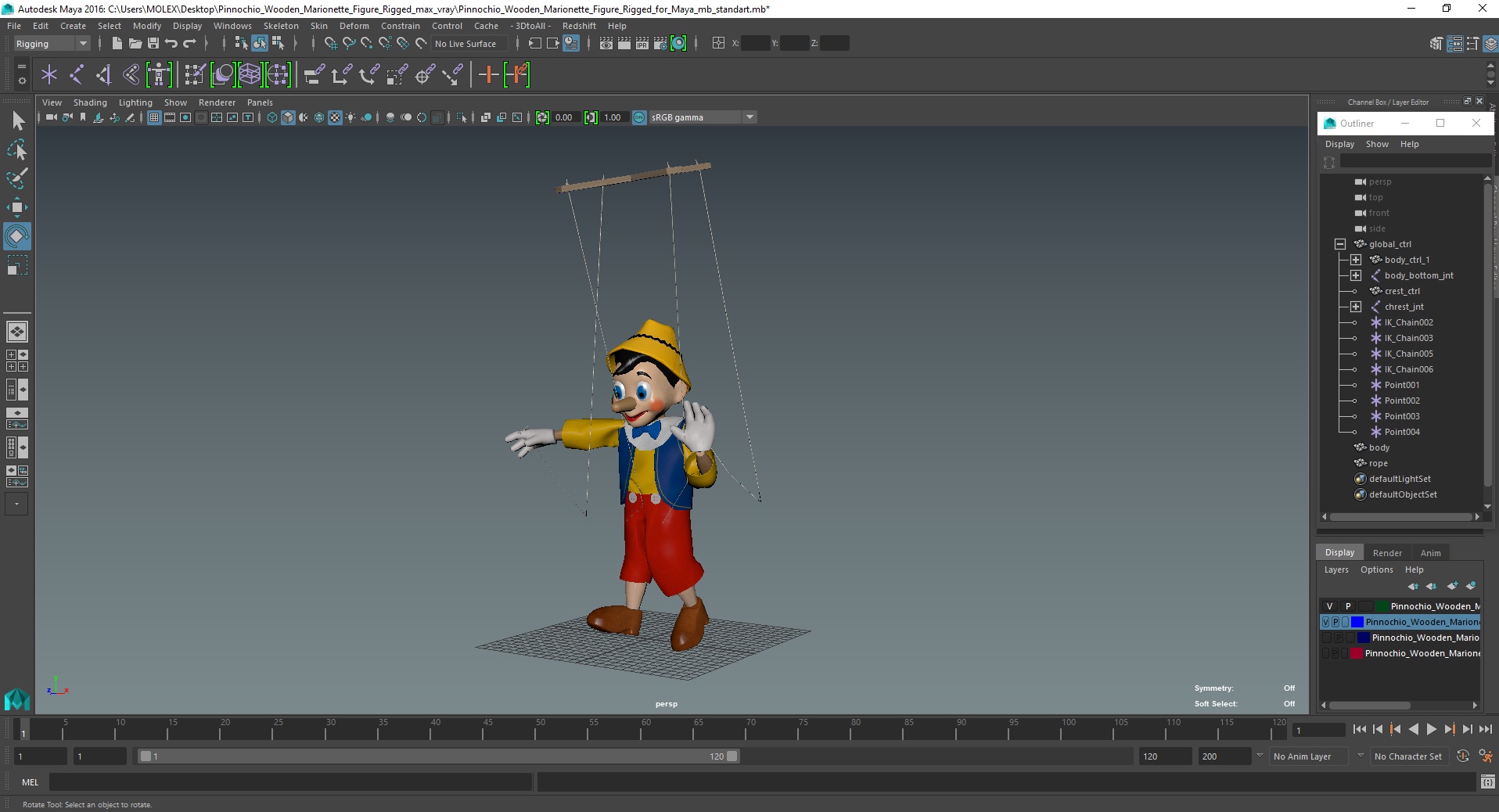 3D model Pinnochio Wooden Marionette Figure Rigged for Maya