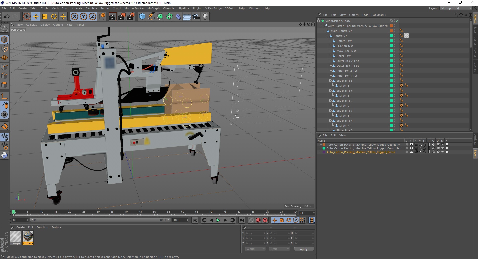 3D model Auto Carton Packing Machine Yellow Rigged for Cinema 4D