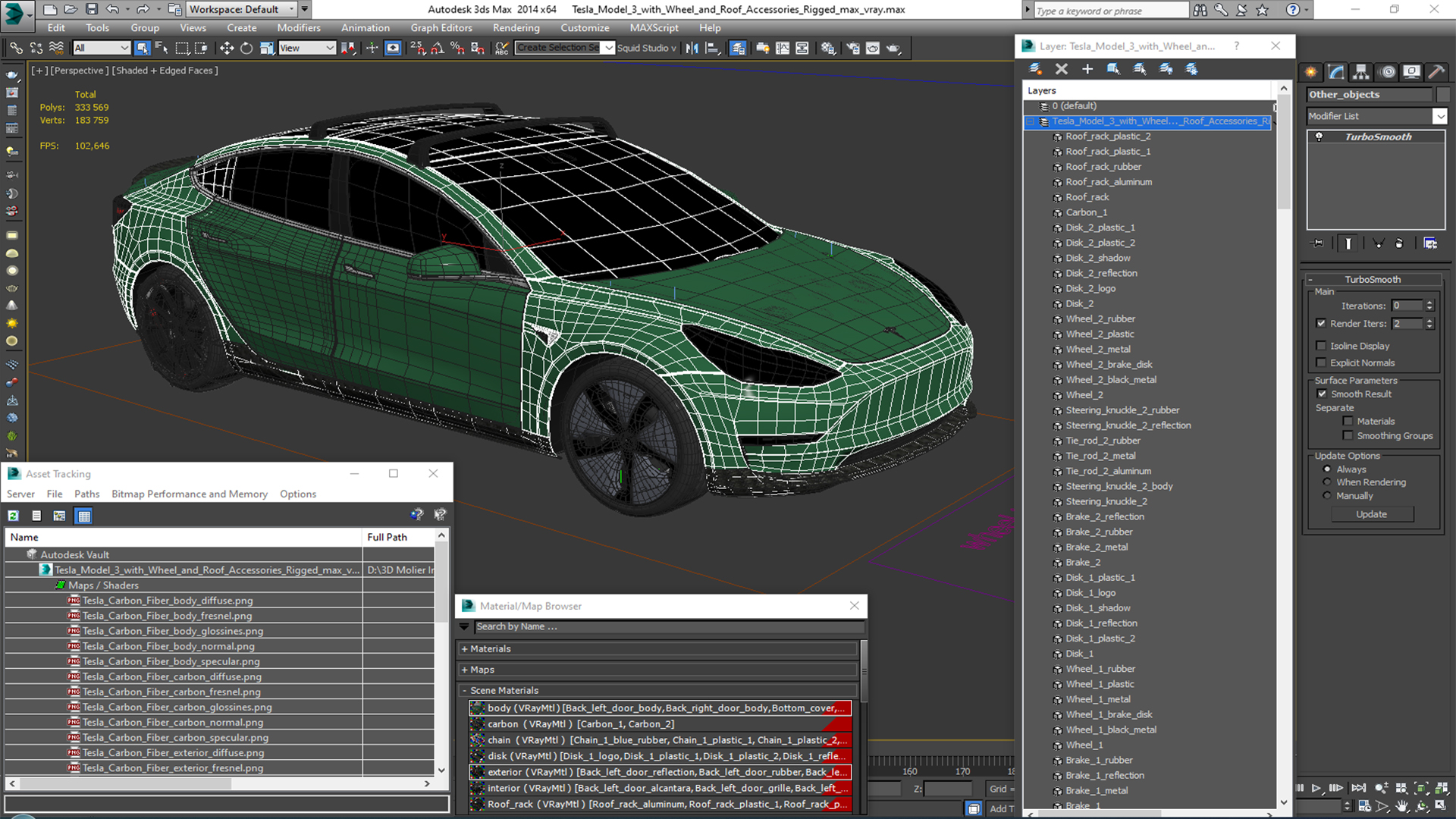 3D Tesla Model 3 with Wheel and Roof Accessories Rigged for Maya