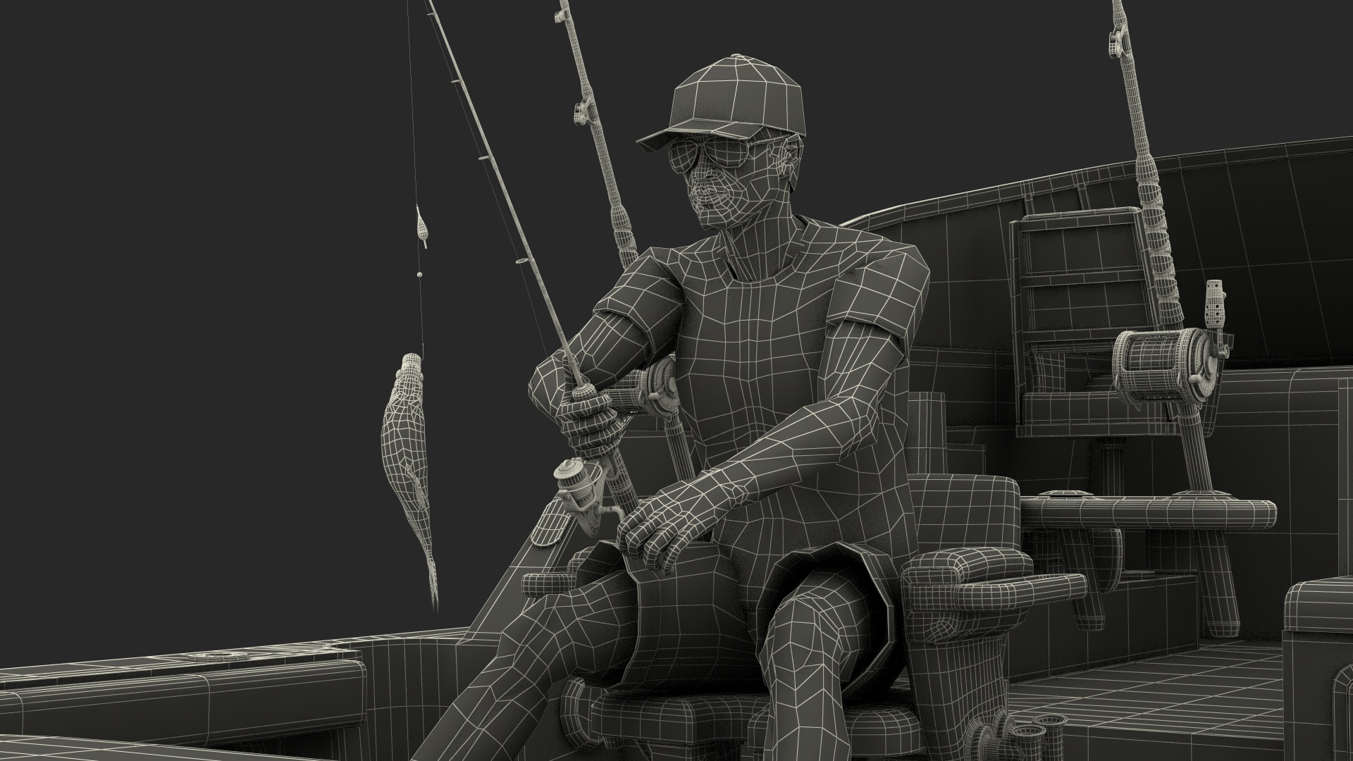 3D Man in Fishing Chair Catches Fish from Boat model