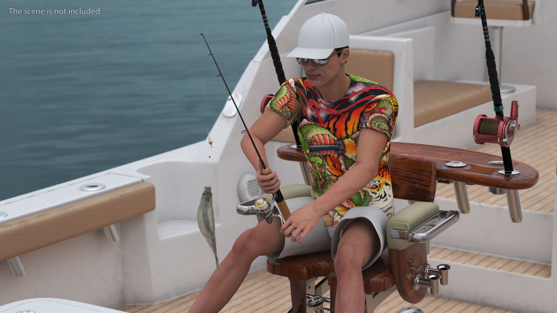 3D Man in Fishing Chair Catches Fish from Boat model