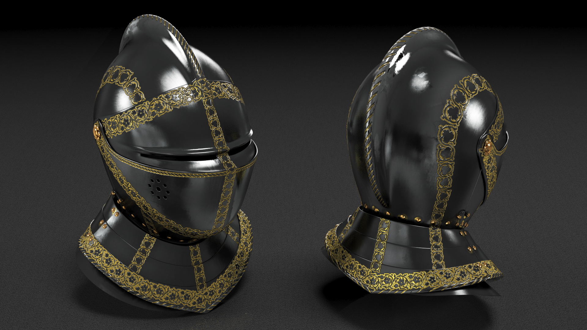 3D Medieval Knight Black Gold Helmet model