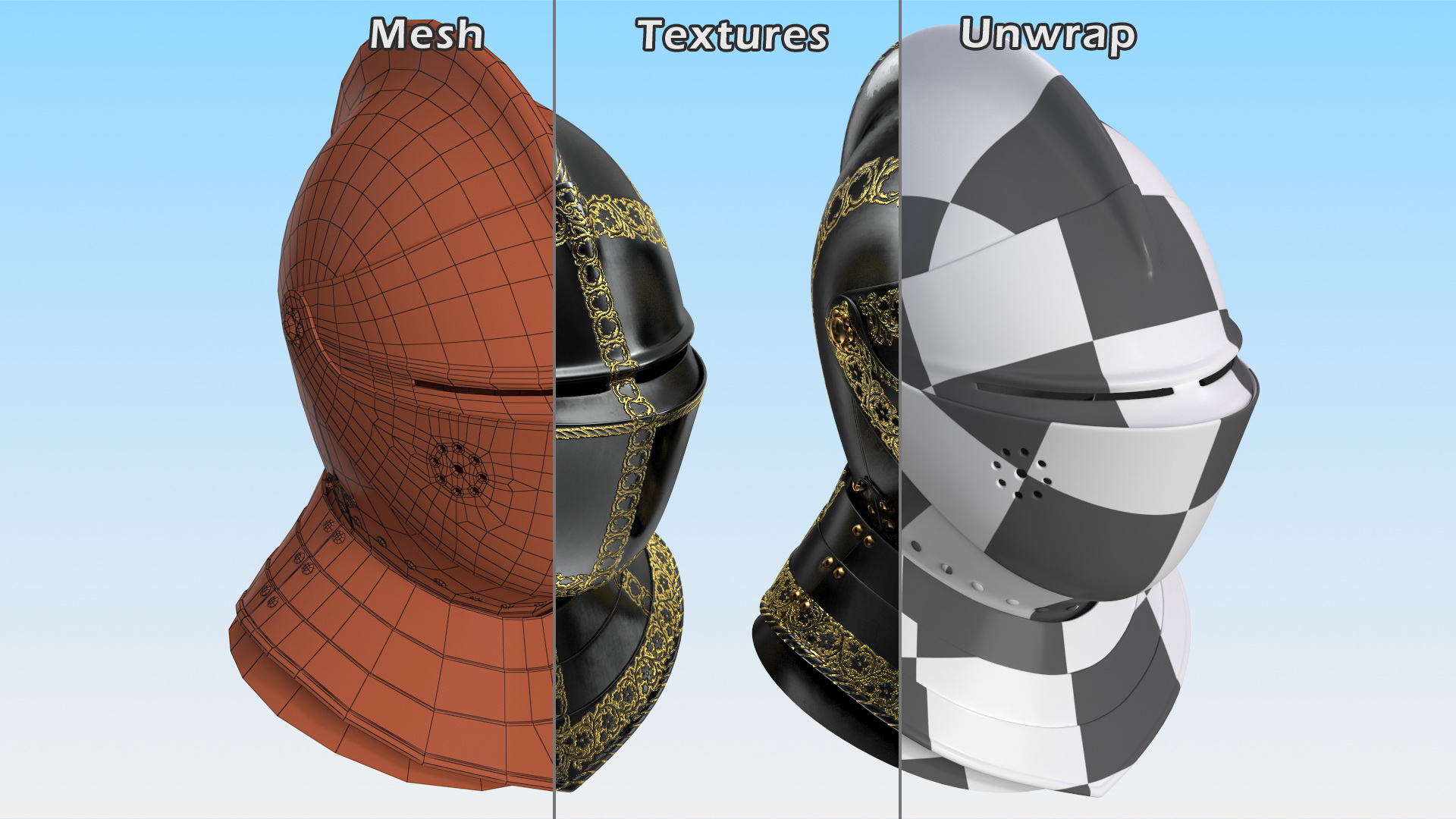 3D Medieval Knight Black Gold Helmet model