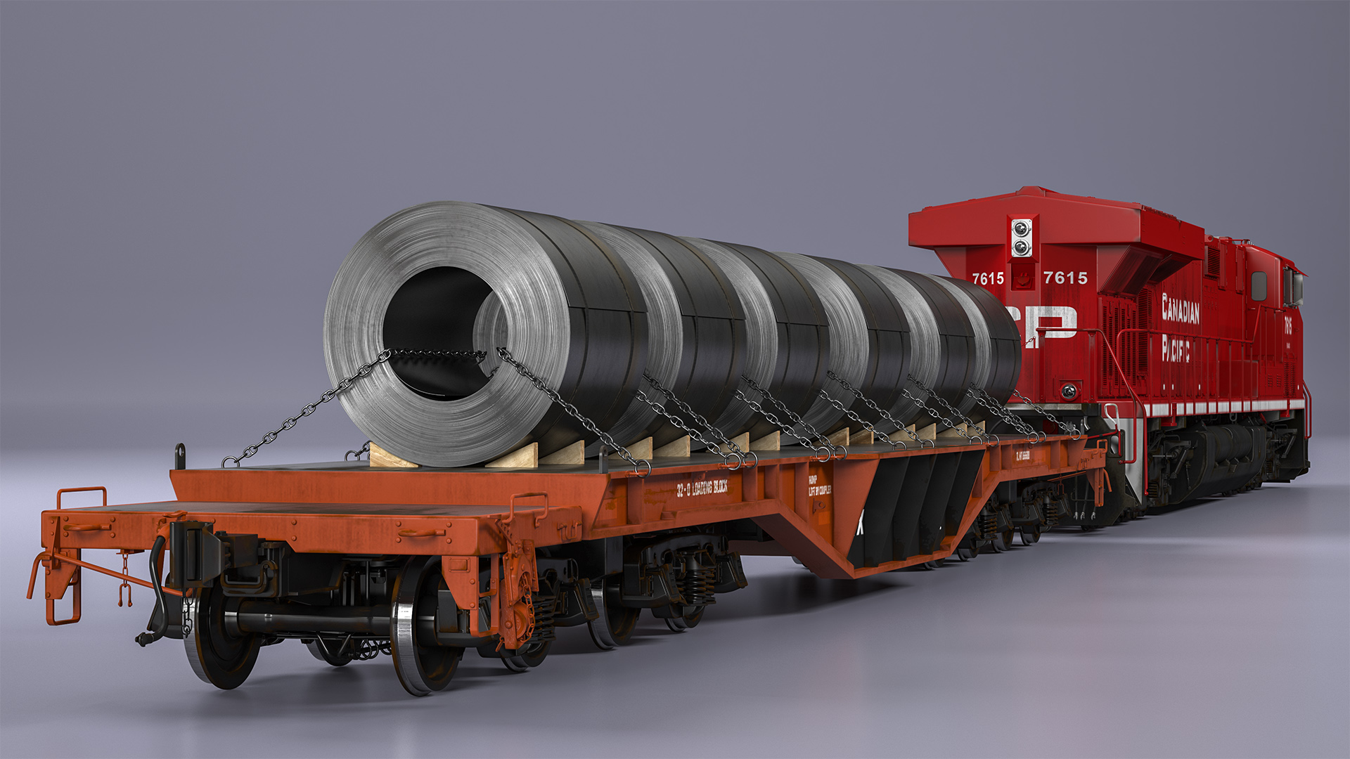 Train Loaded with Steel Rolls 3D model