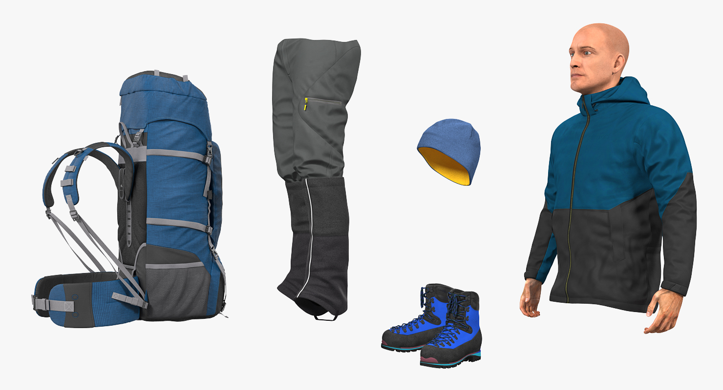 3D Winter Hiking Clothes Men with Backpack Rigged