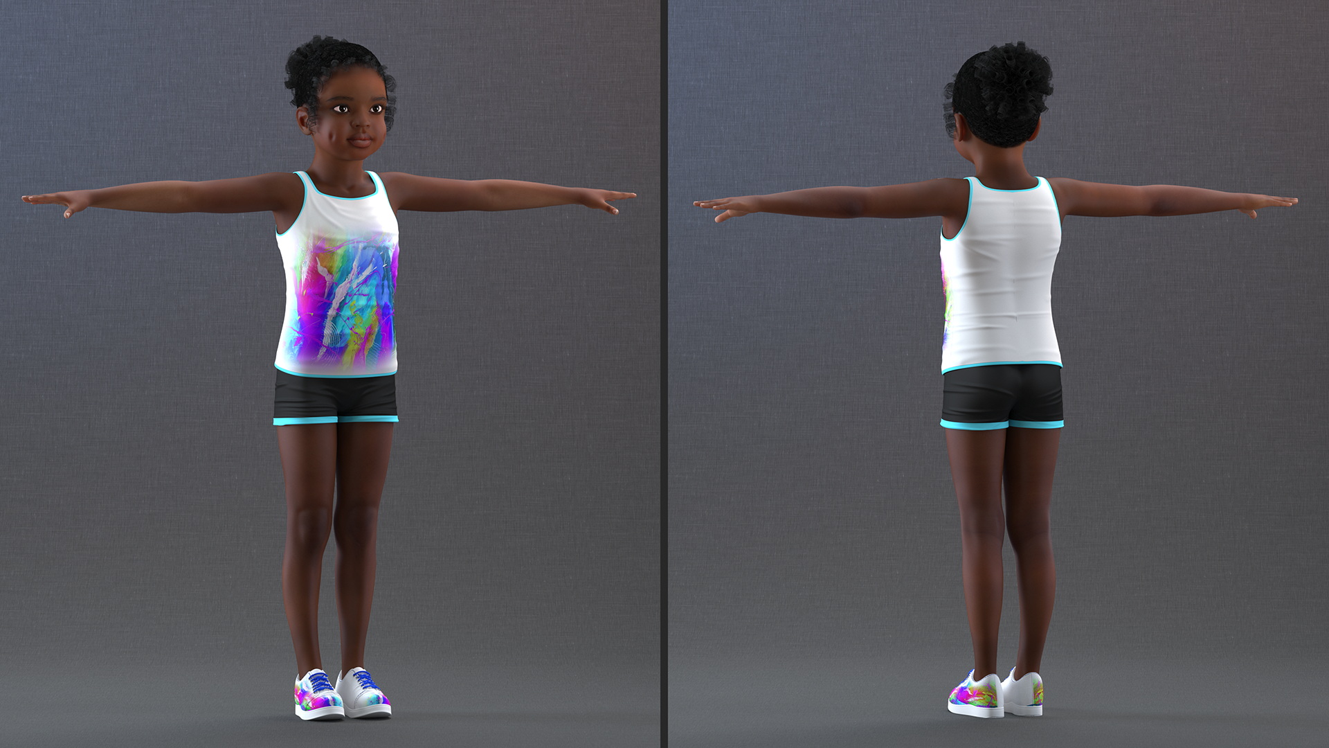 Fitness Style Black Child Girl with Hoop T-Pose 3D