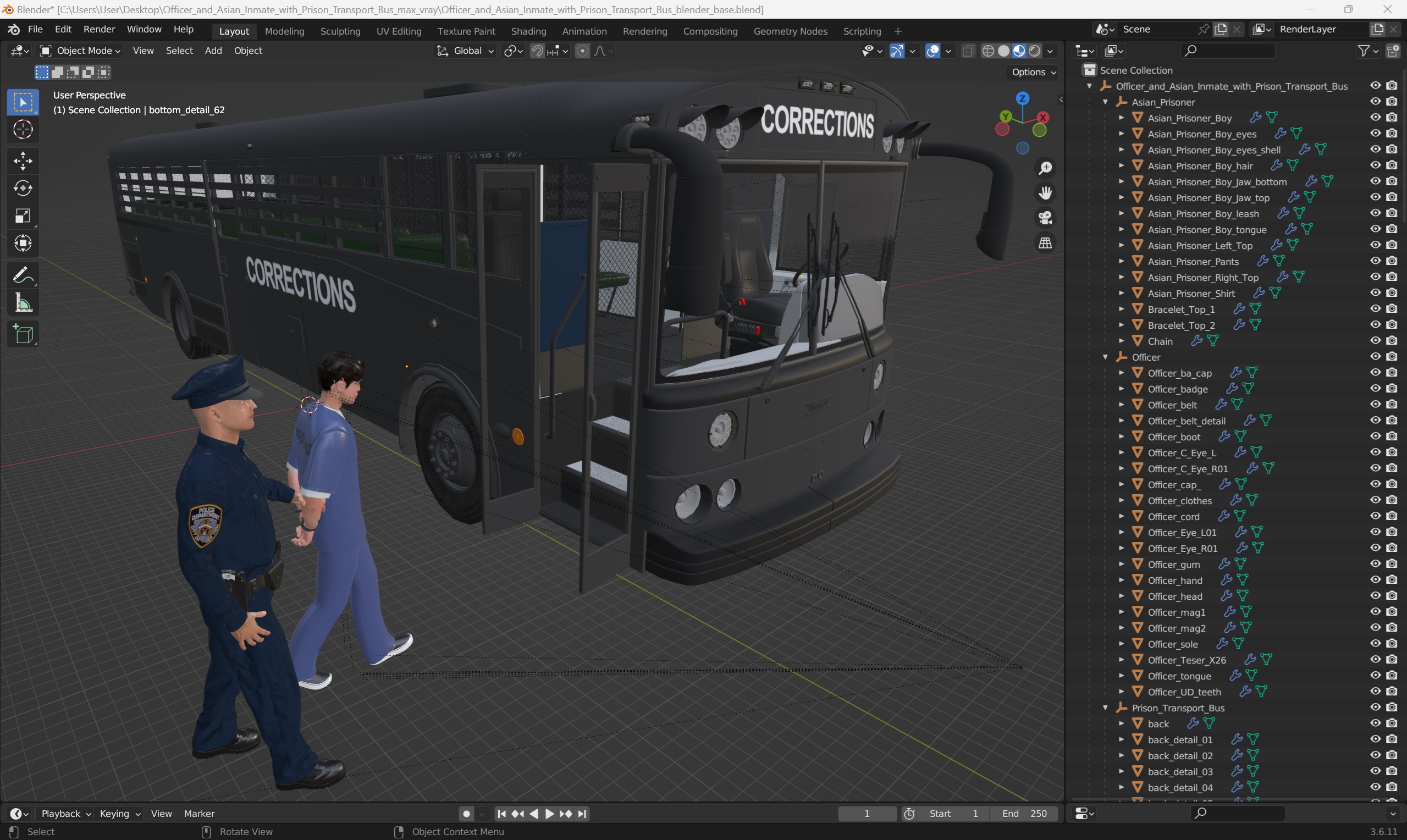 3D model Officer and Asian Inmate with Prison Transport Bus