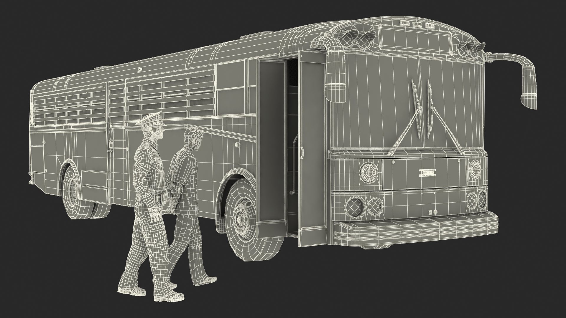 3D model Officer and Asian Inmate with Prison Transport Bus