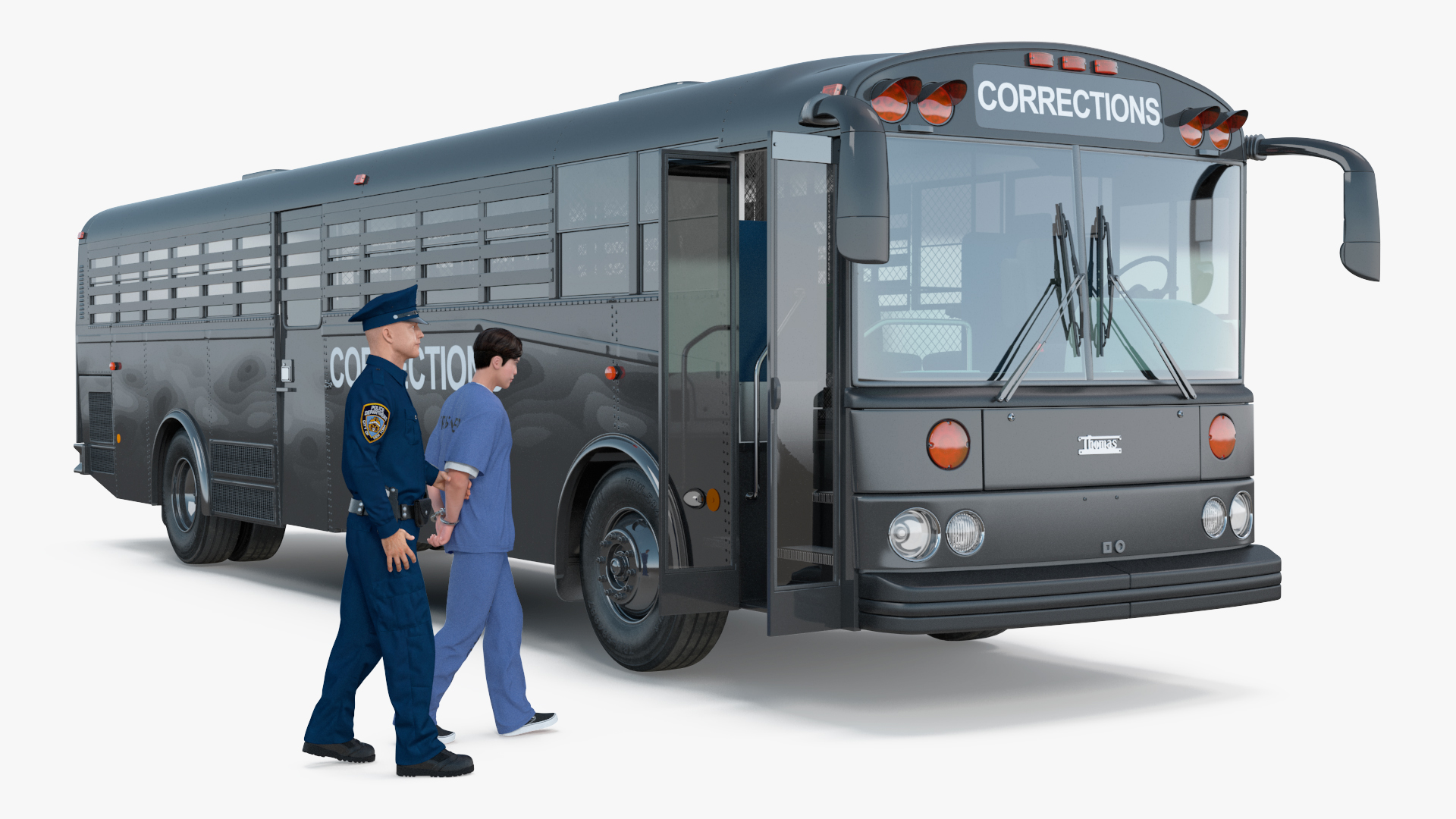 3D model Officer and Asian Inmate with Prison Transport Bus