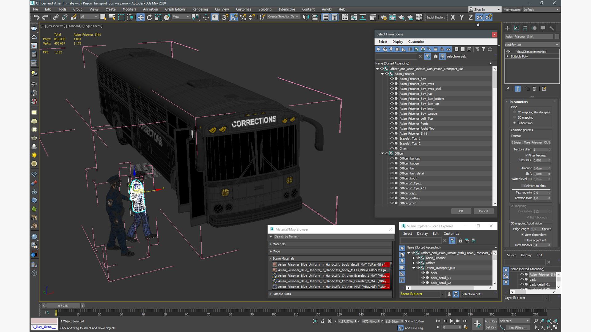 3D model Officer and Asian Inmate with Prison Transport Bus