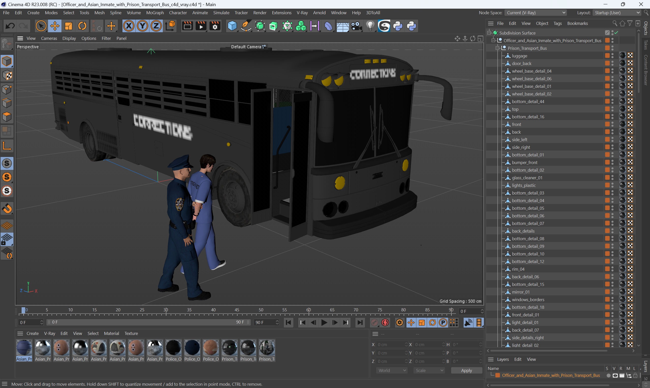 3D model Officer and Asian Inmate with Prison Transport Bus