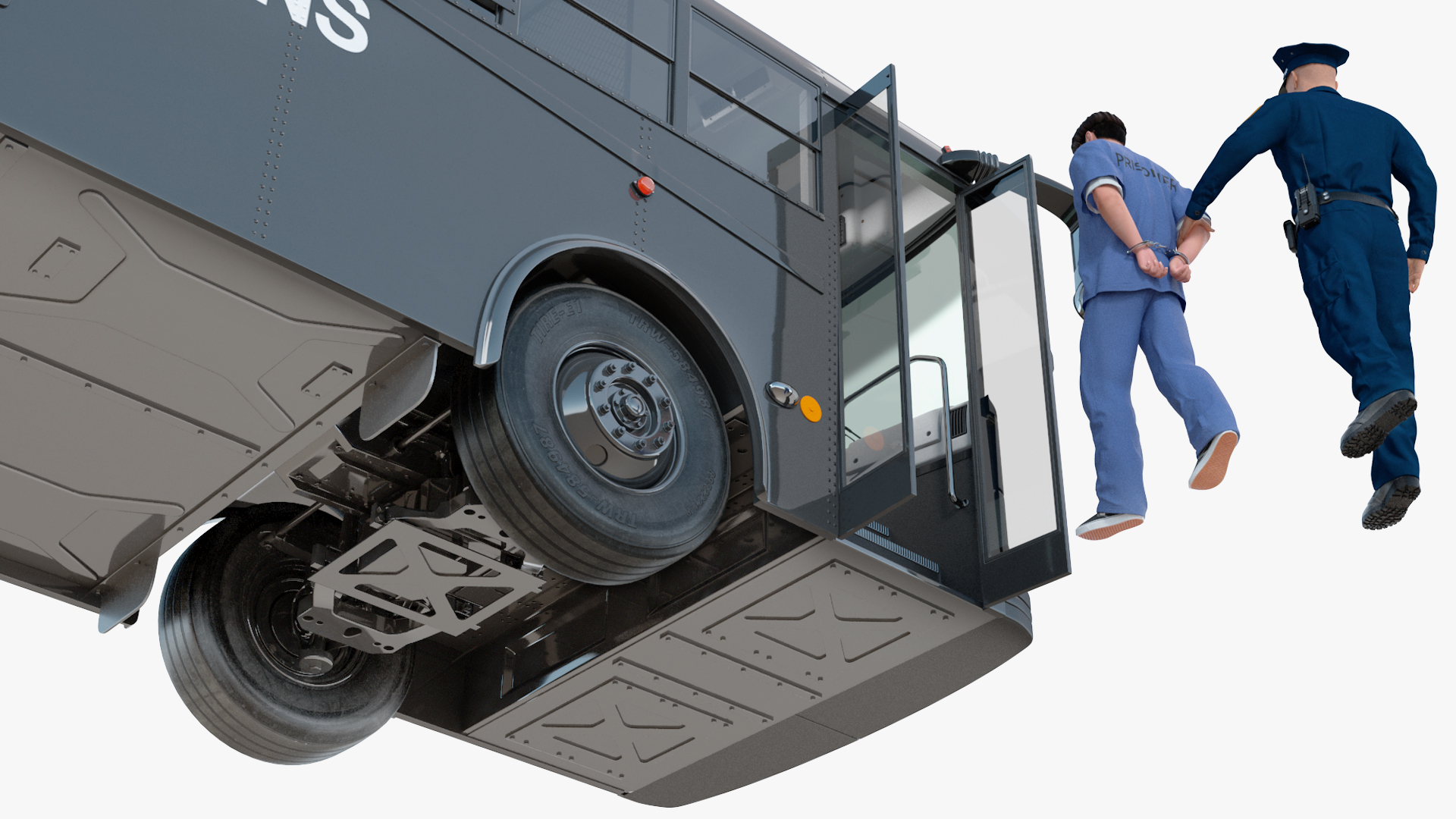 3D model Officer and Asian Inmate with Prison Transport Bus