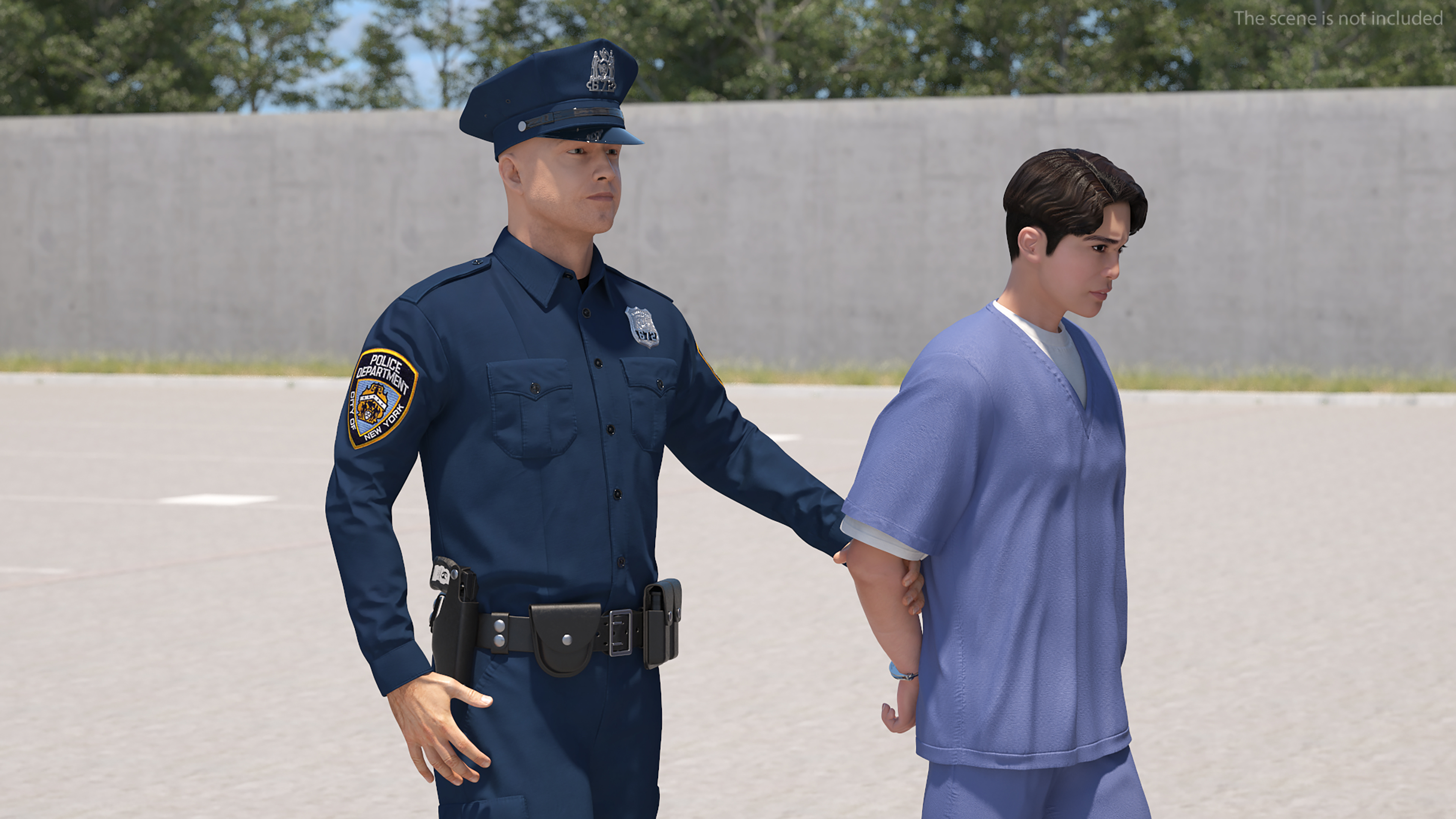 3D model Officer and Asian Inmate with Prison Transport Bus