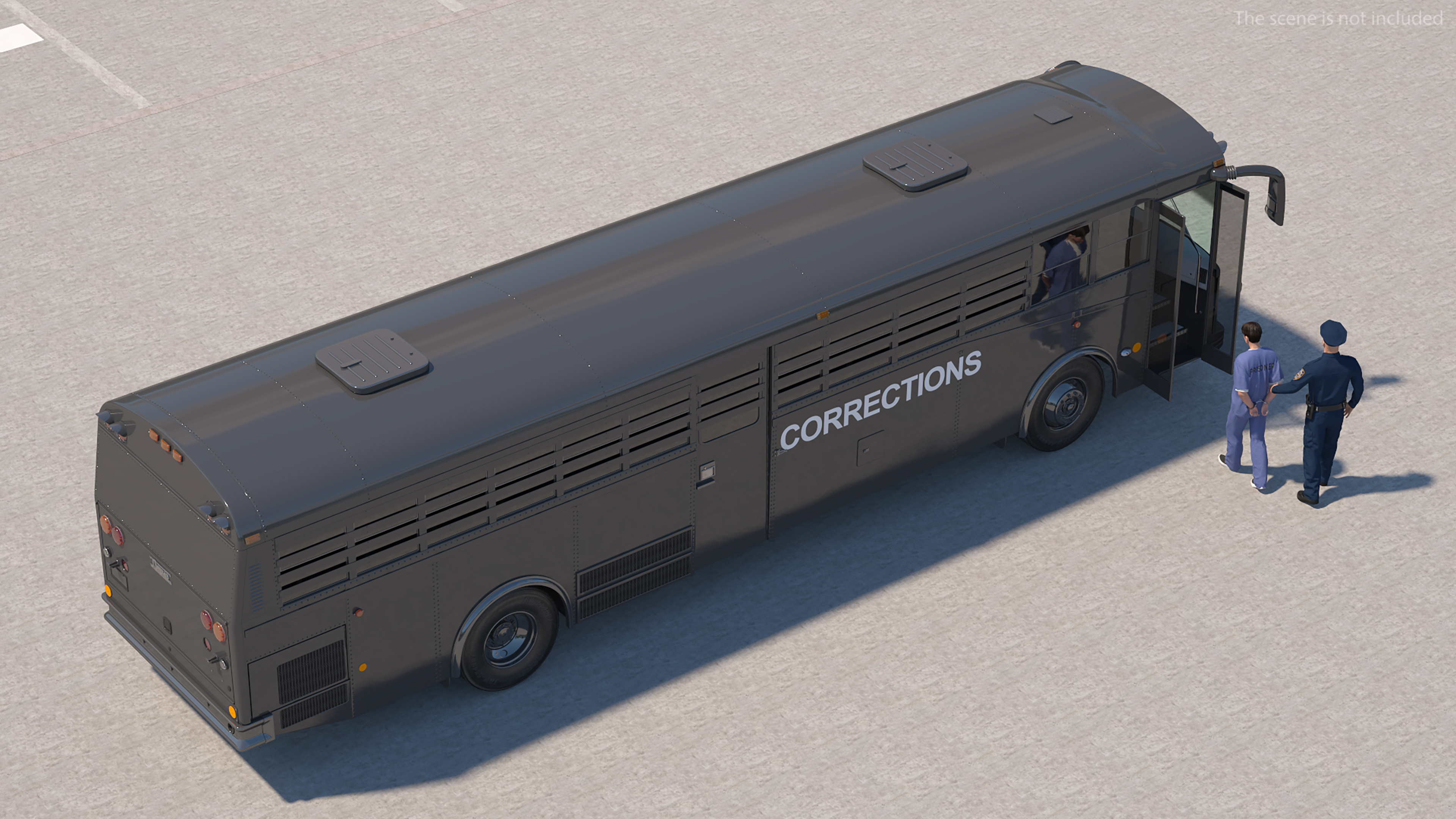 3D model Officer and Asian Inmate with Prison Transport Bus