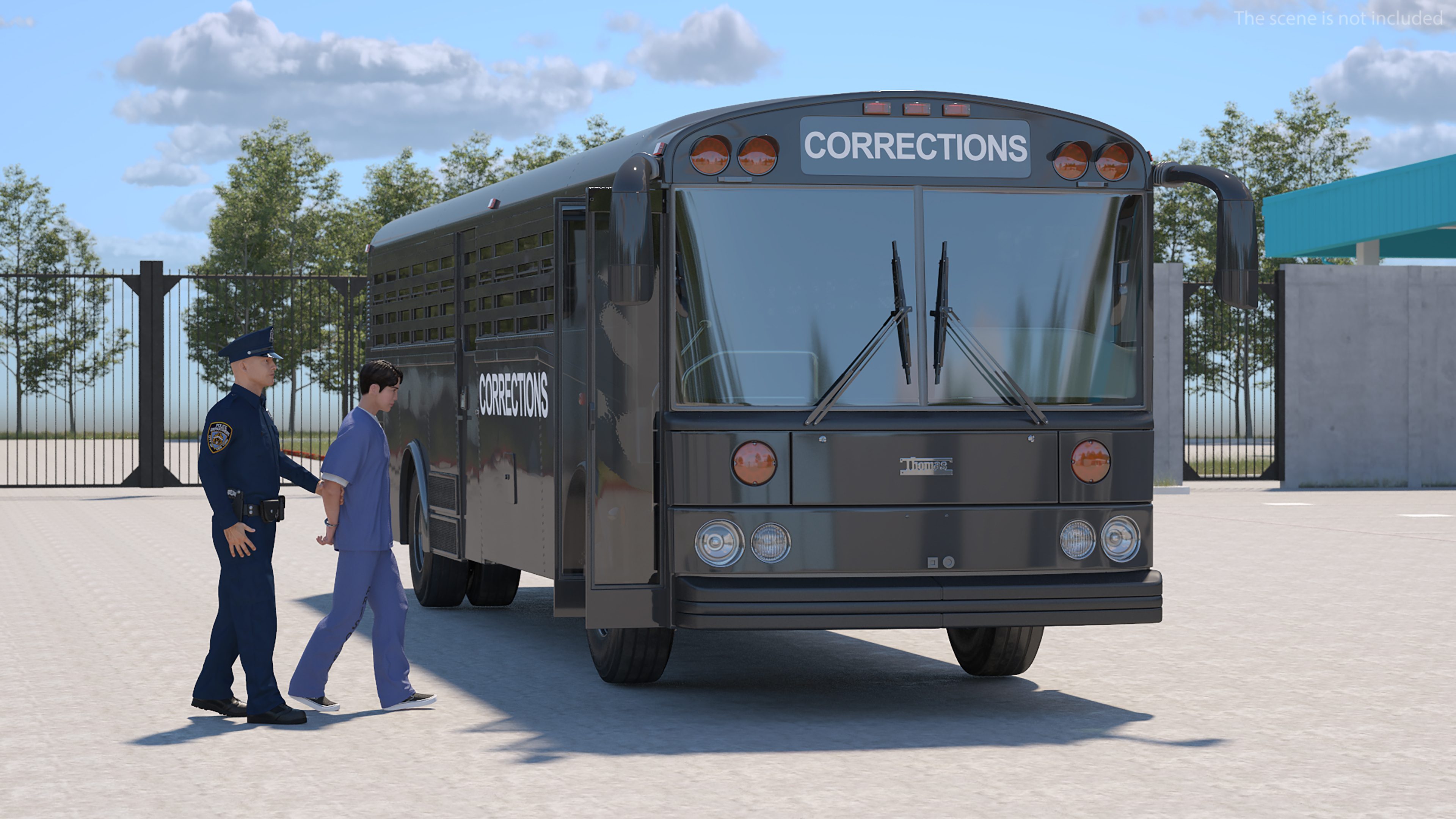 3D model Officer and Asian Inmate with Prison Transport Bus