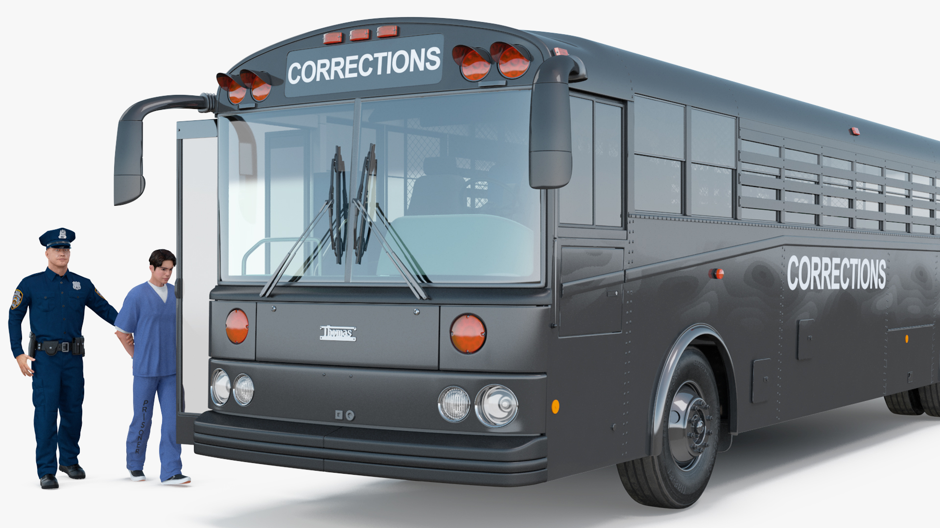 3D model Officer and Asian Inmate with Prison Transport Bus