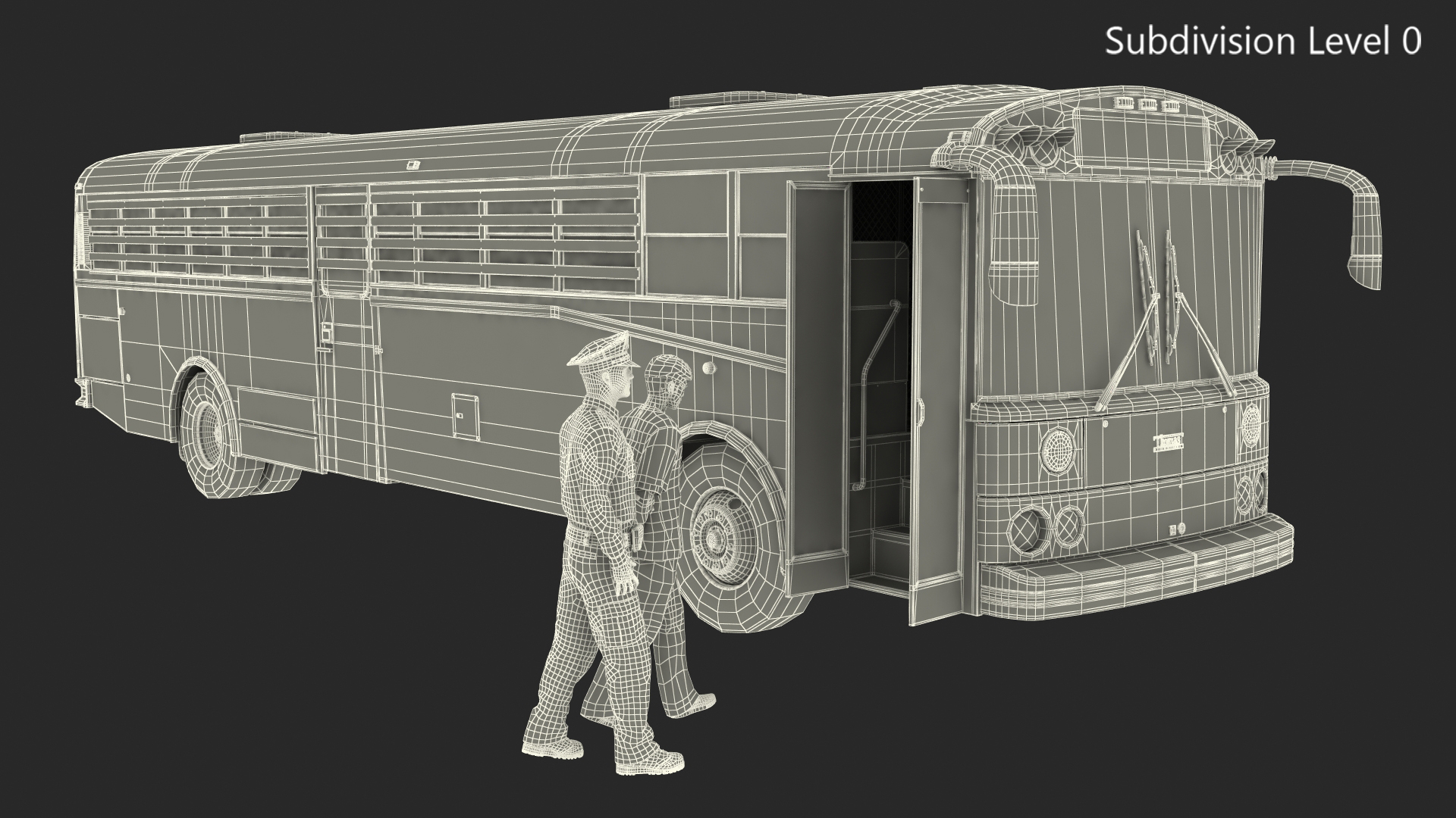 3D model Officer and Asian Inmate with Prison Transport Bus