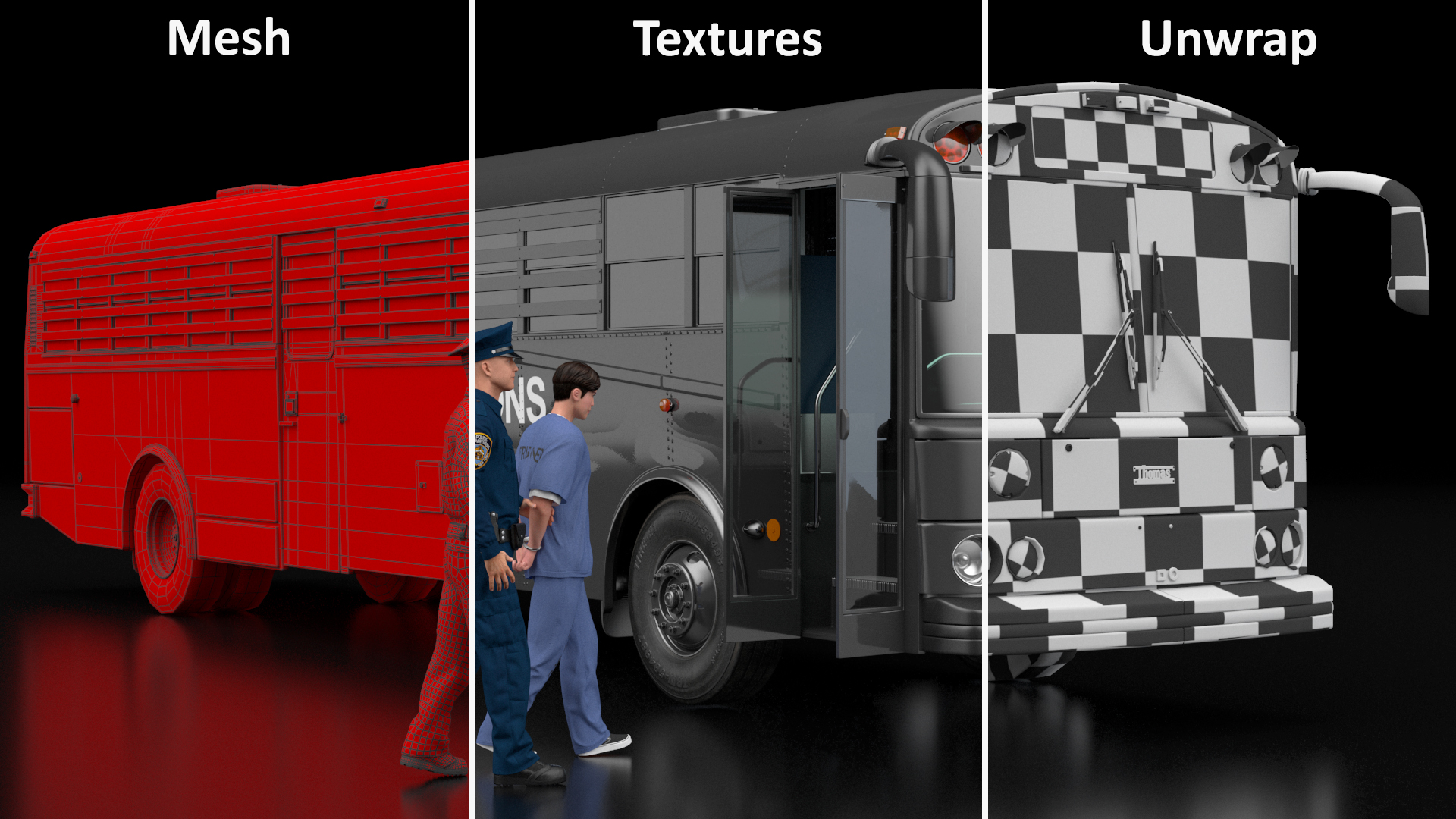 3D model Officer and Asian Inmate with Prison Transport Bus