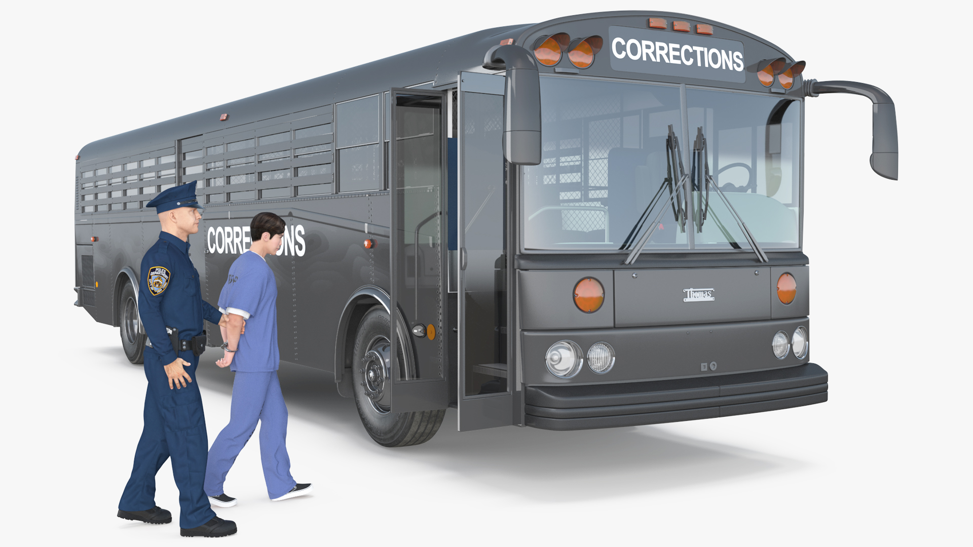 3D model Officer and Asian Inmate with Prison Transport Bus