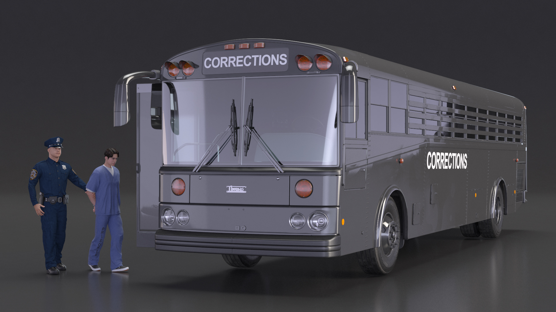 3D model Officer and Asian Inmate with Prison Transport Bus