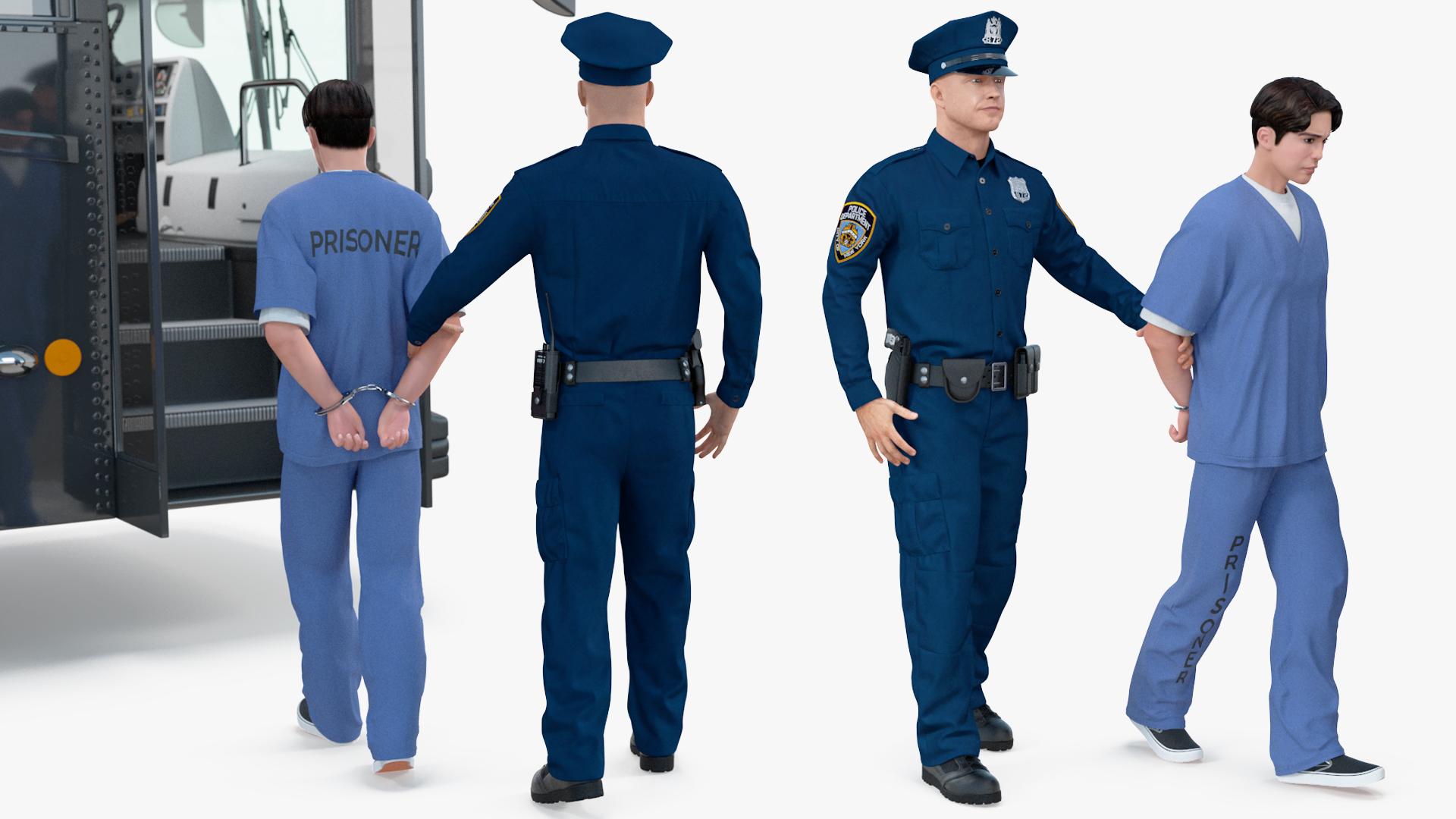 3D model Officer and Asian Inmate with Prison Transport Bus