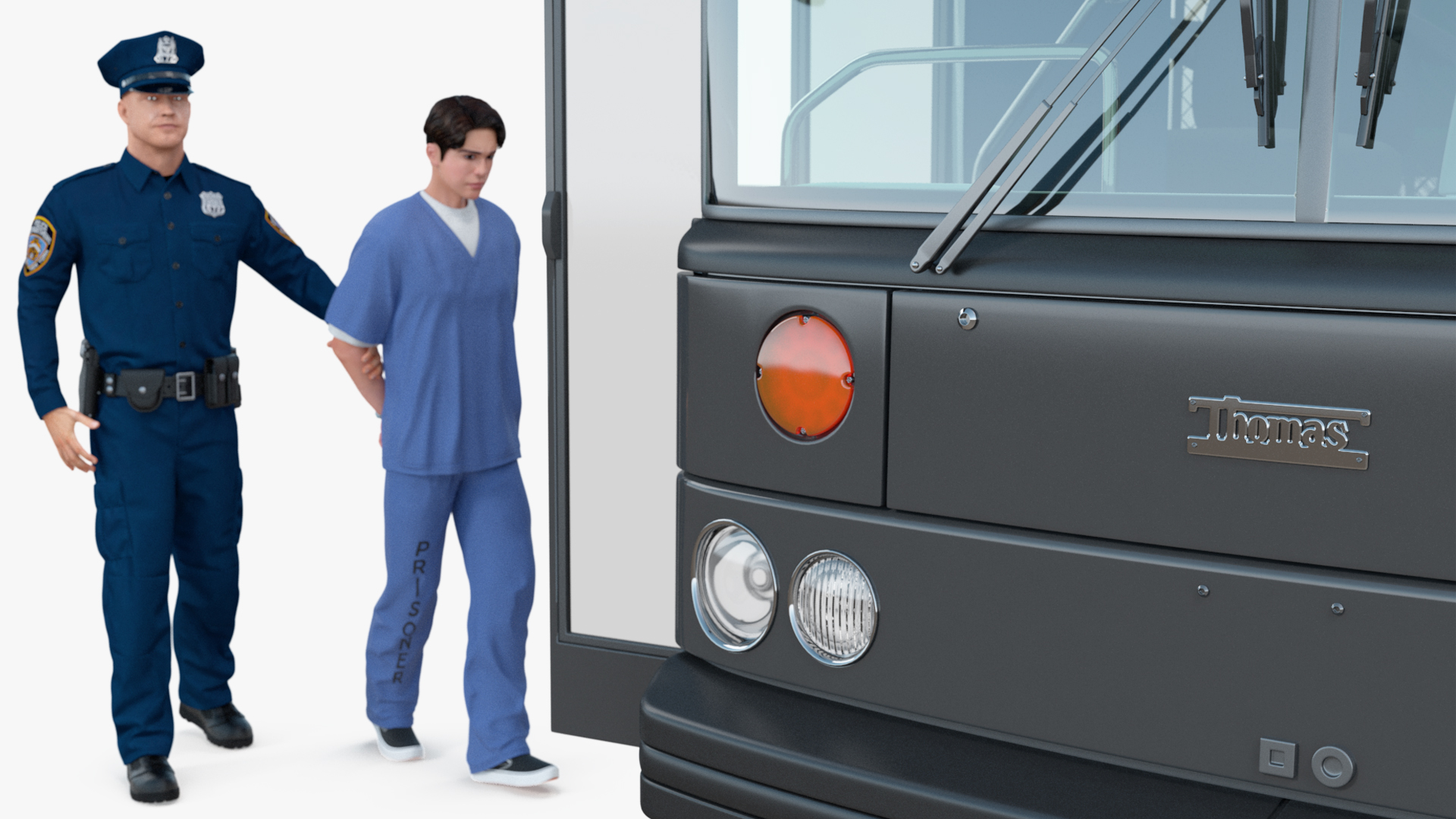 3D model Officer and Asian Inmate with Prison Transport Bus