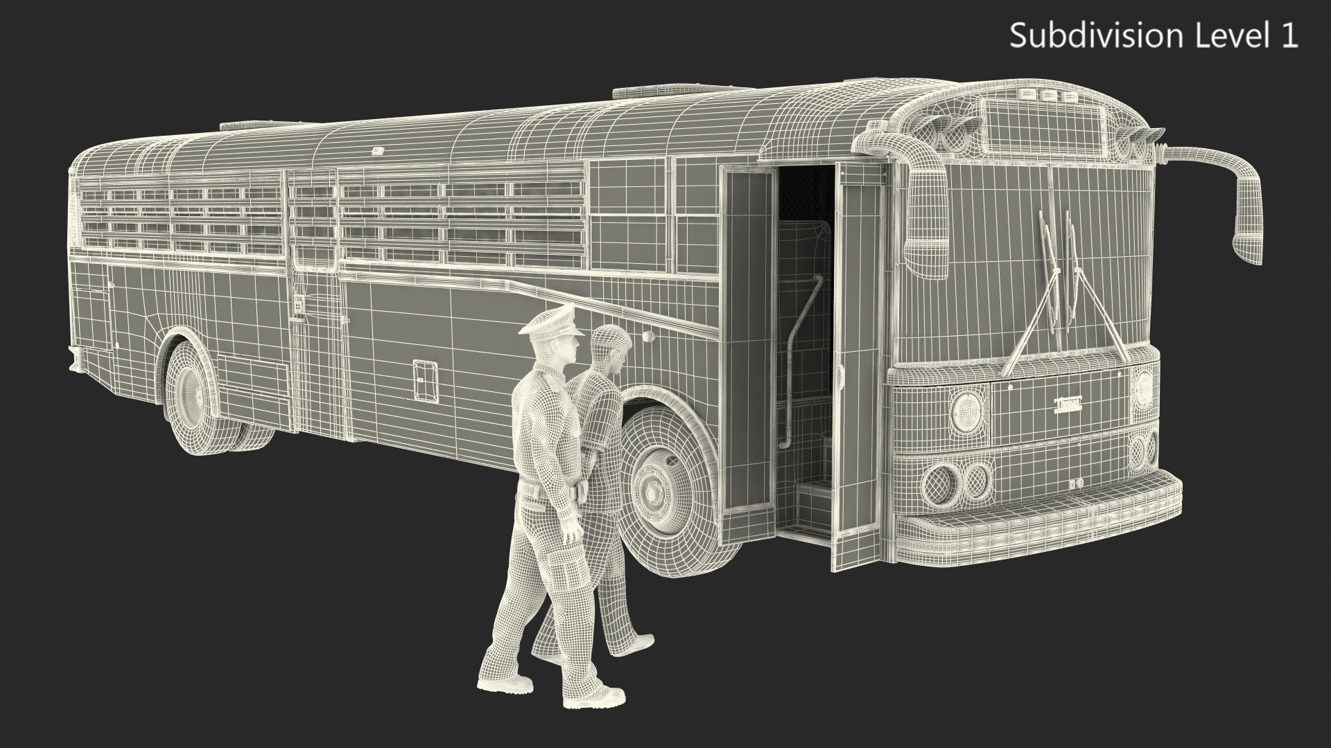 3D model Officer and Asian Inmate with Prison Transport Bus