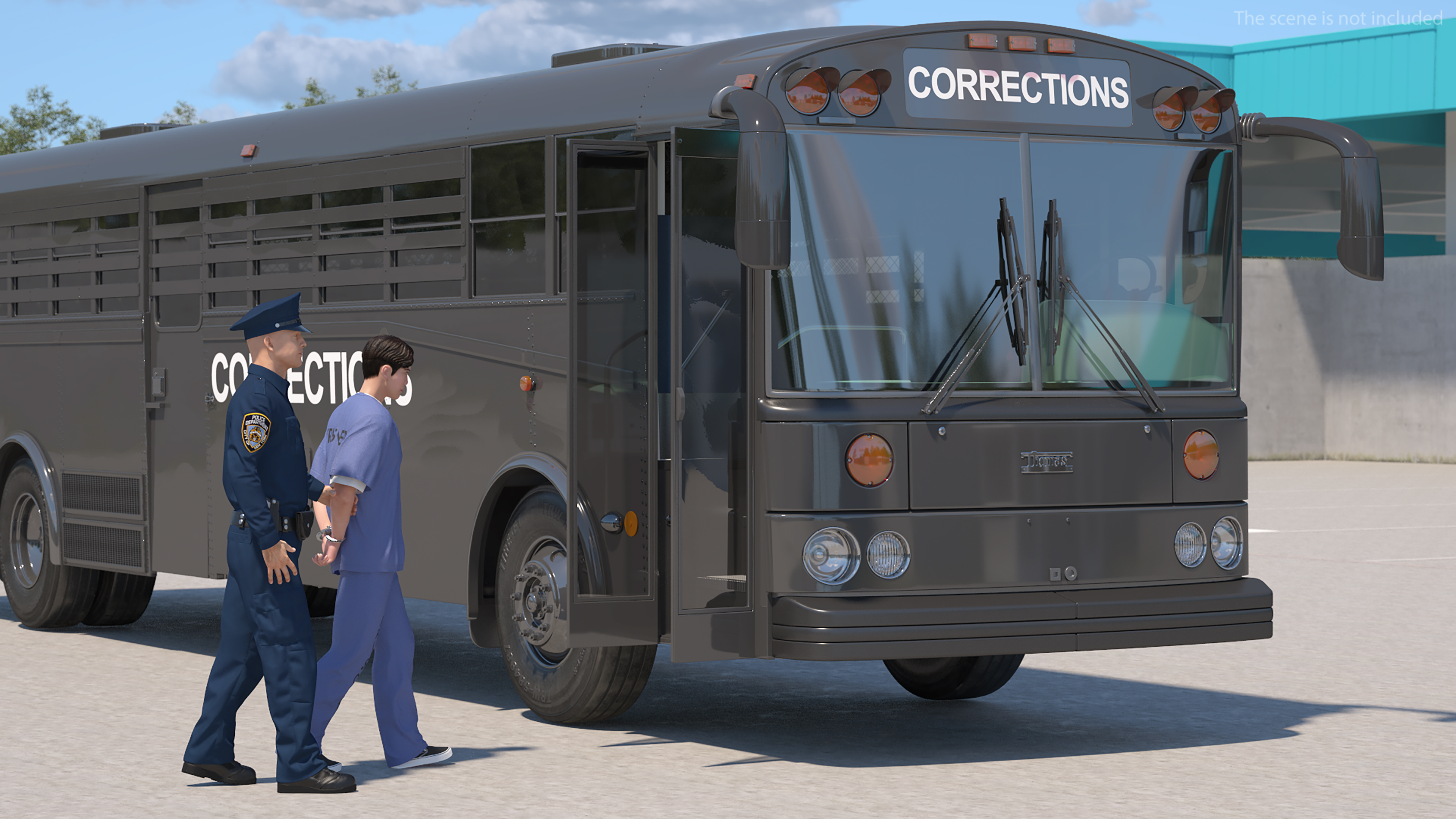 3D model Officer and Asian Inmate with Prison Transport Bus