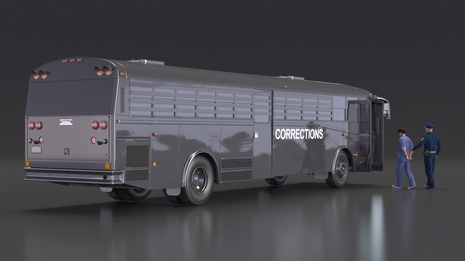 3D model Officer and Asian Inmate with Prison Transport Bus