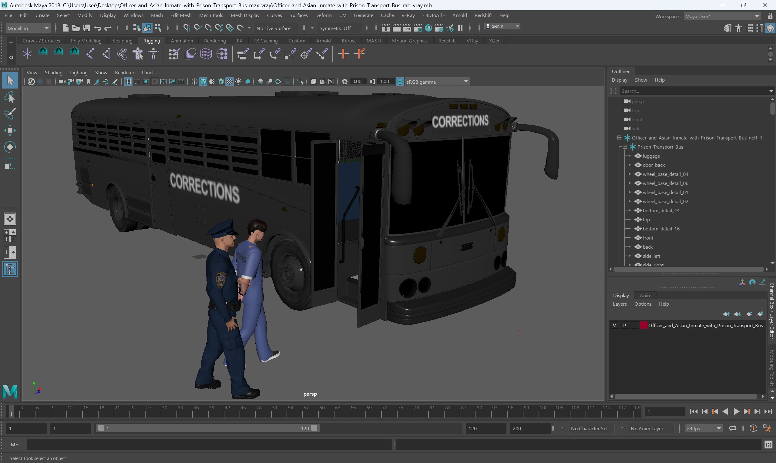 3D model Officer and Asian Inmate with Prison Transport Bus