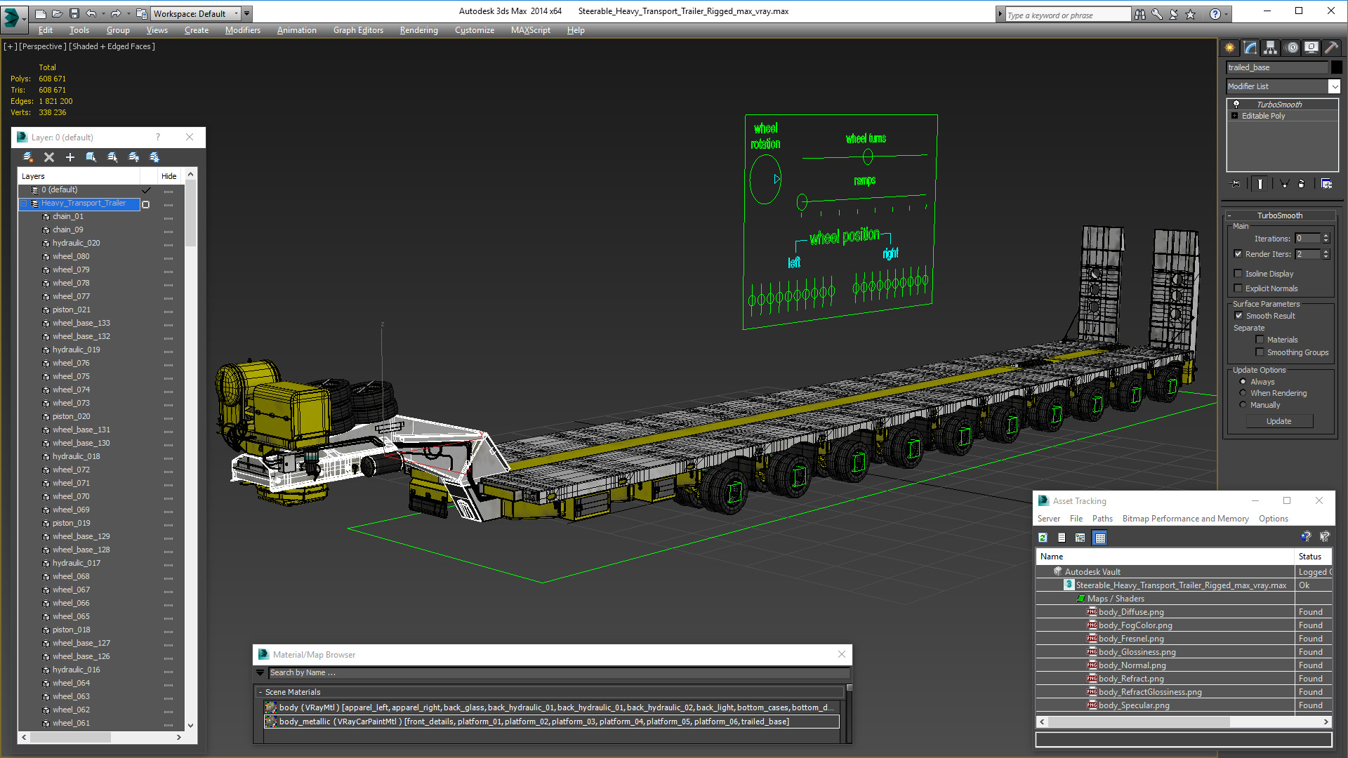 3D model Steerable Heavy Transport Trailer Rigged