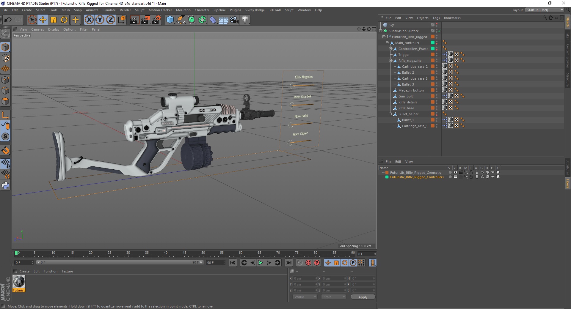 Futuristic Rifle Rigged for Cinema 4D 3D