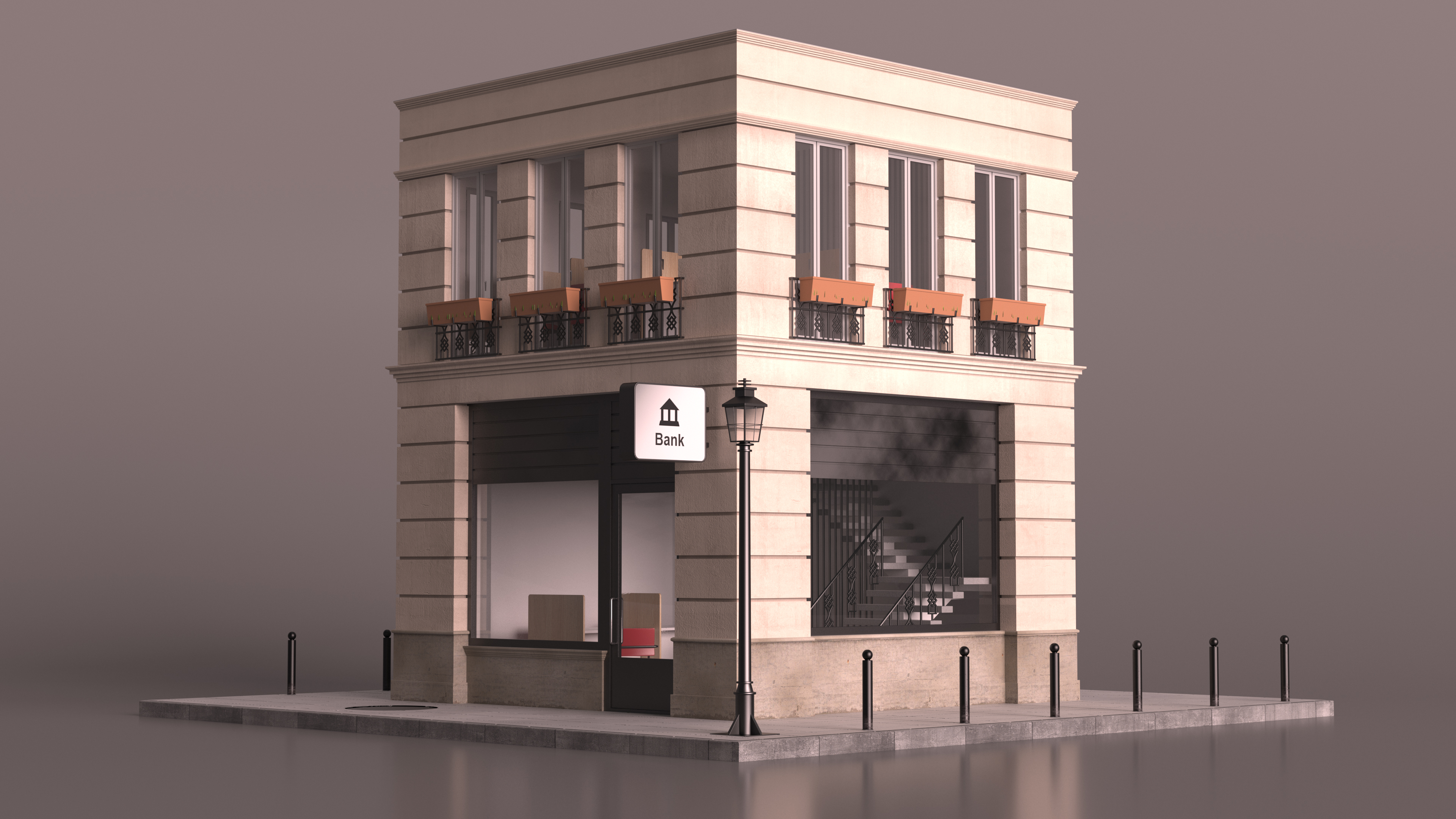 3D Bank Branch Office Building Fur