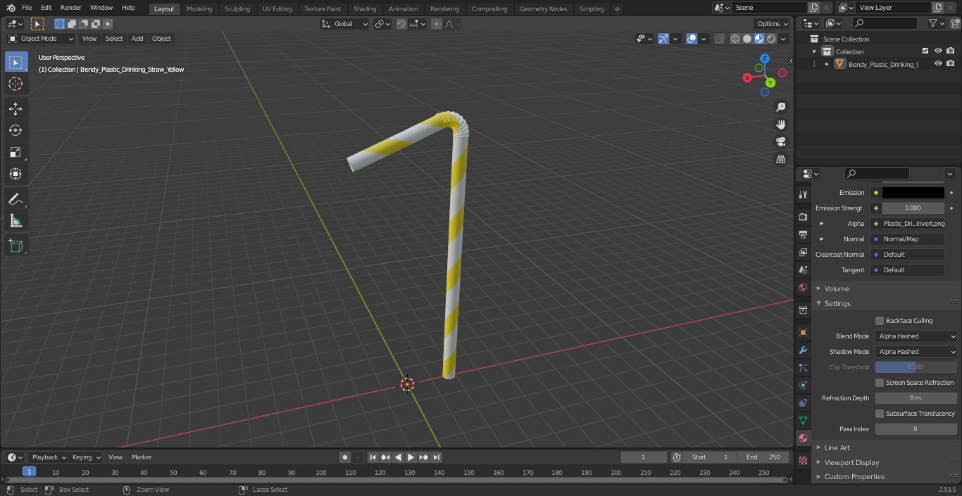 3D model Bendy Plastic Drinking Straw Yellow