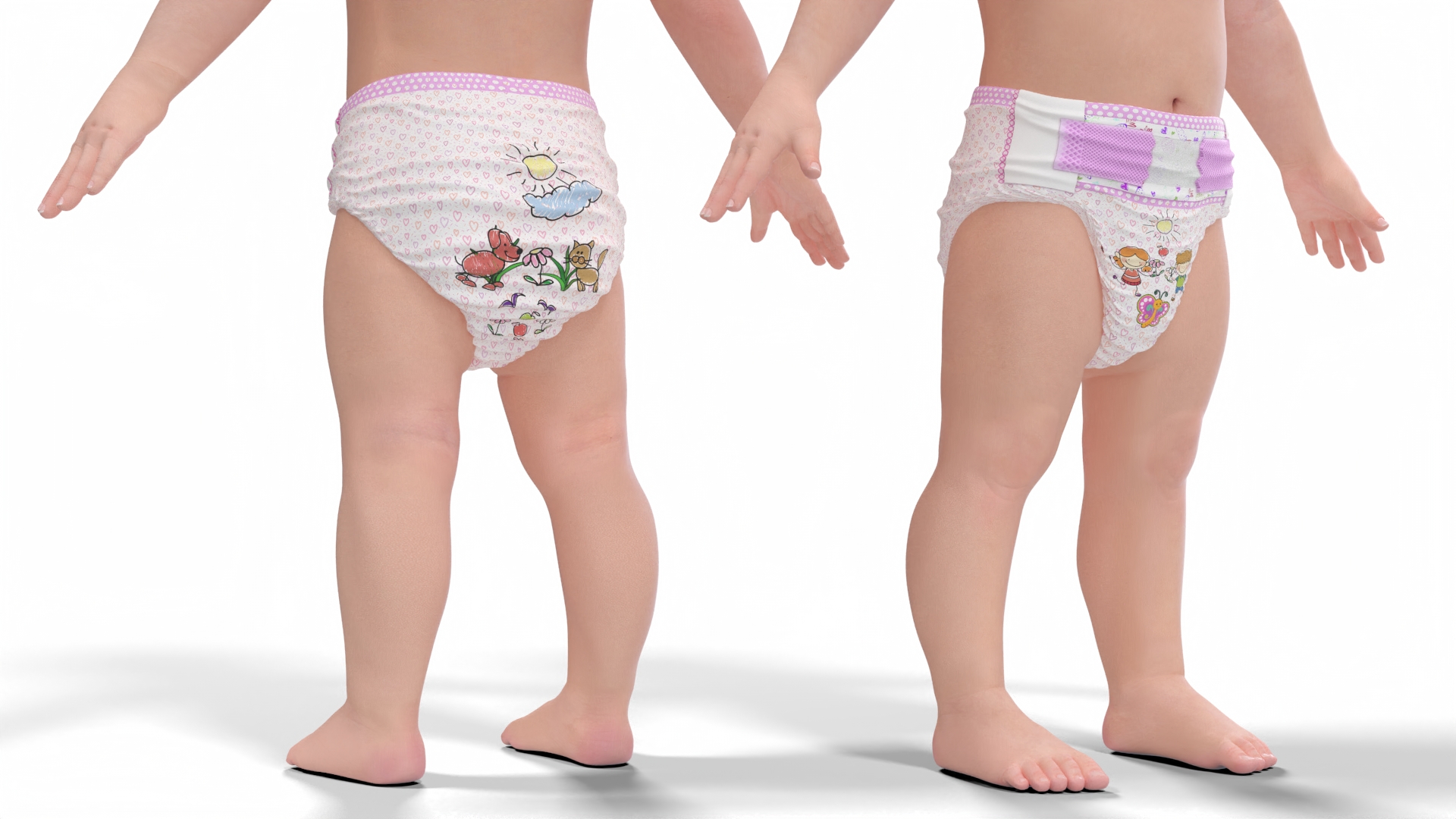 3D model Baby Girl Wearing Diaper A-Pose Fur