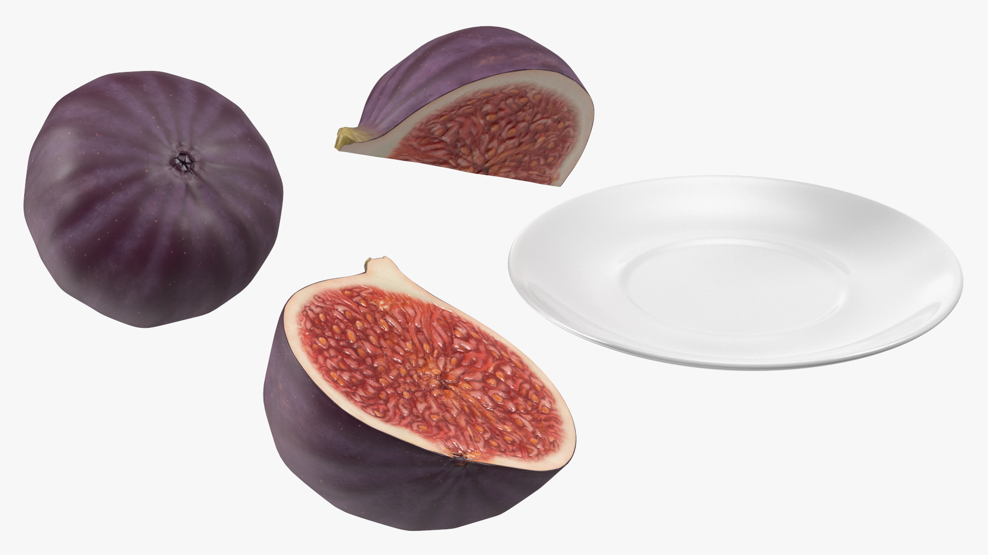 3D Fresh Riped Fig Whole Quarter and Half on Saucer model