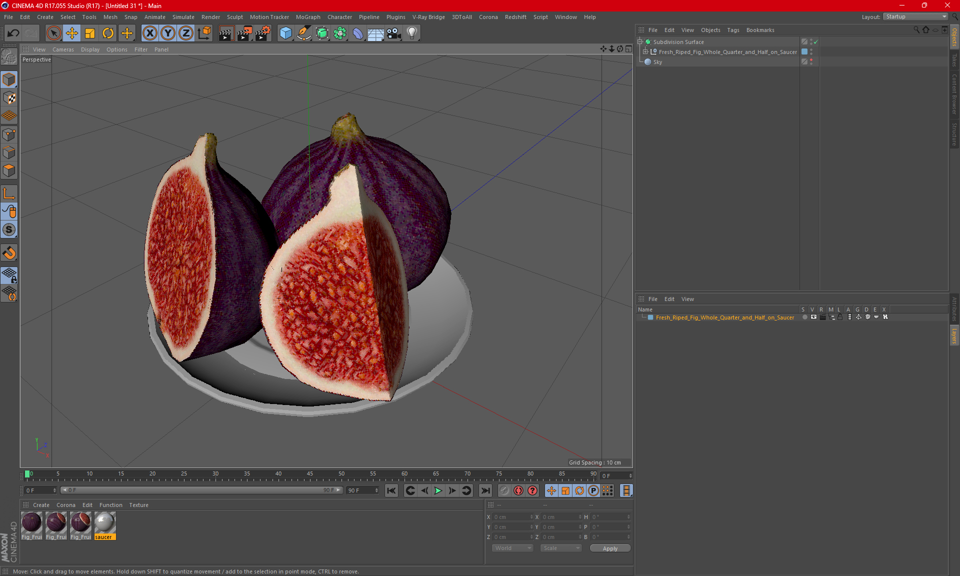 3D Fresh Riped Fig Whole Quarter and Half on Saucer model