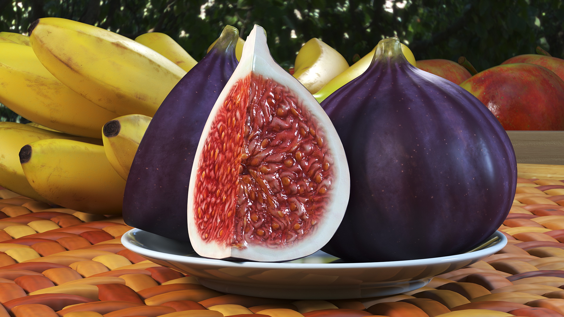 3D Fresh Riped Fig Whole Quarter and Half on Saucer model