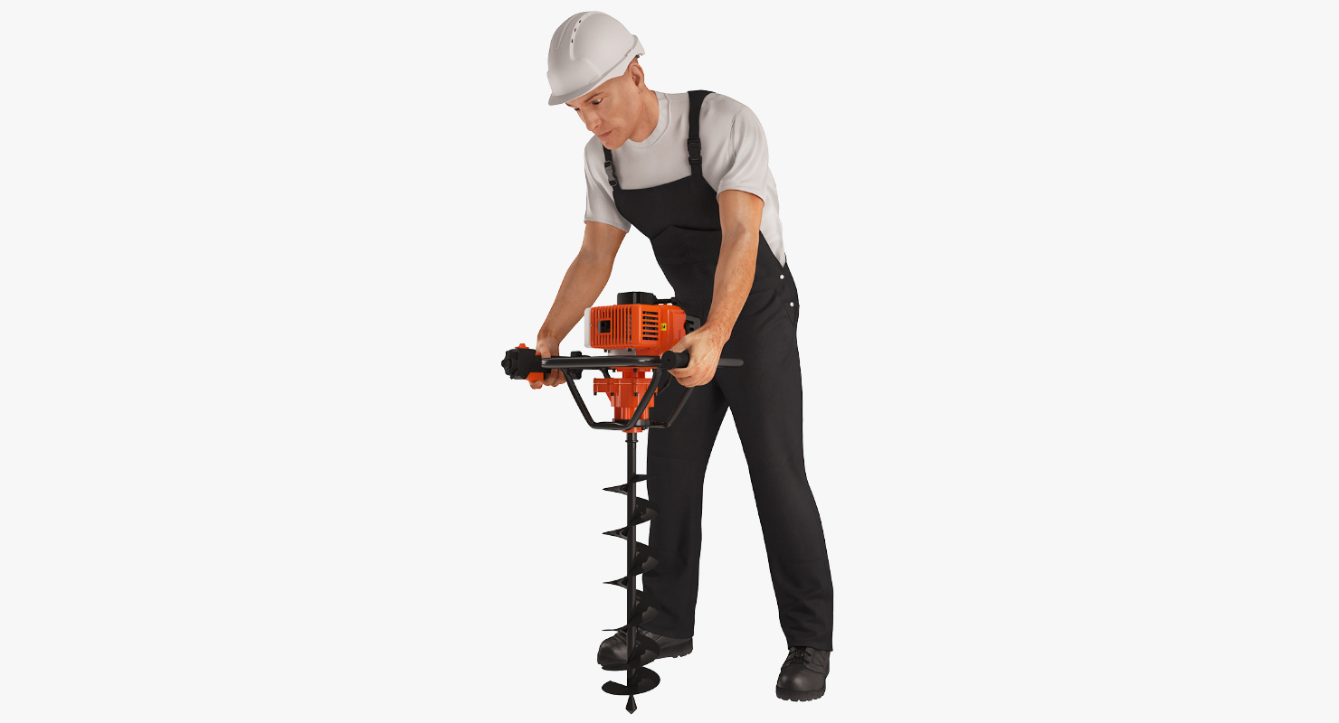 Construction Worker with Earth Auger Drill 3D