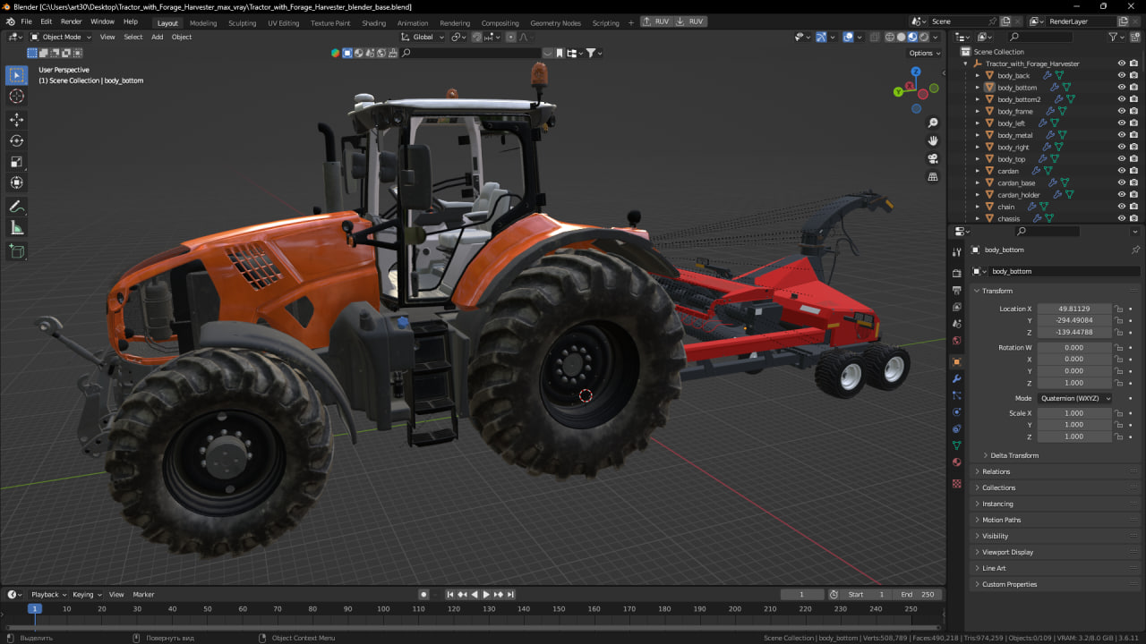 Tractor with Forage Harvester 3D model