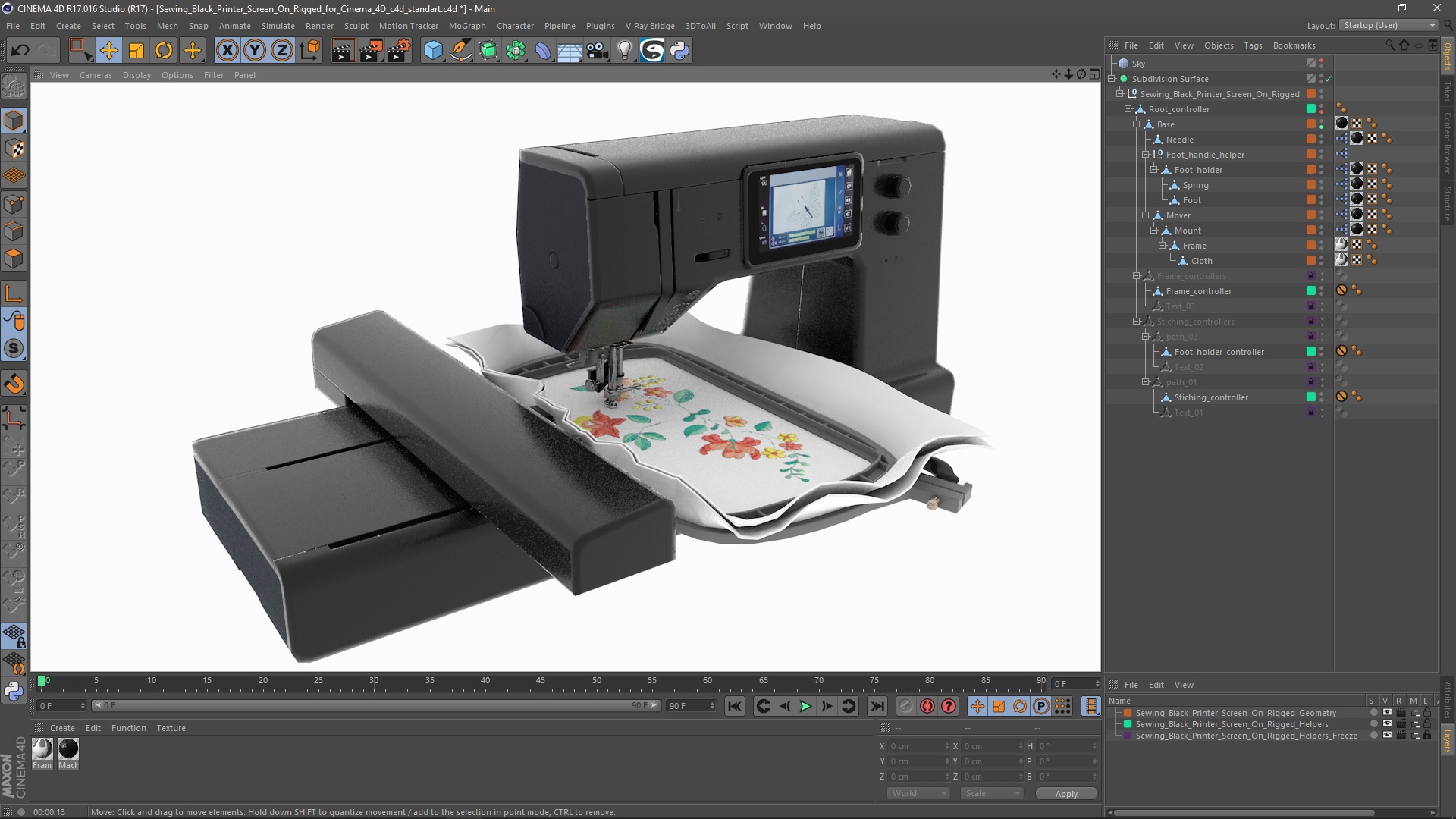 3D Sewing Black Printer Screen On Rigged for Cinema 4D