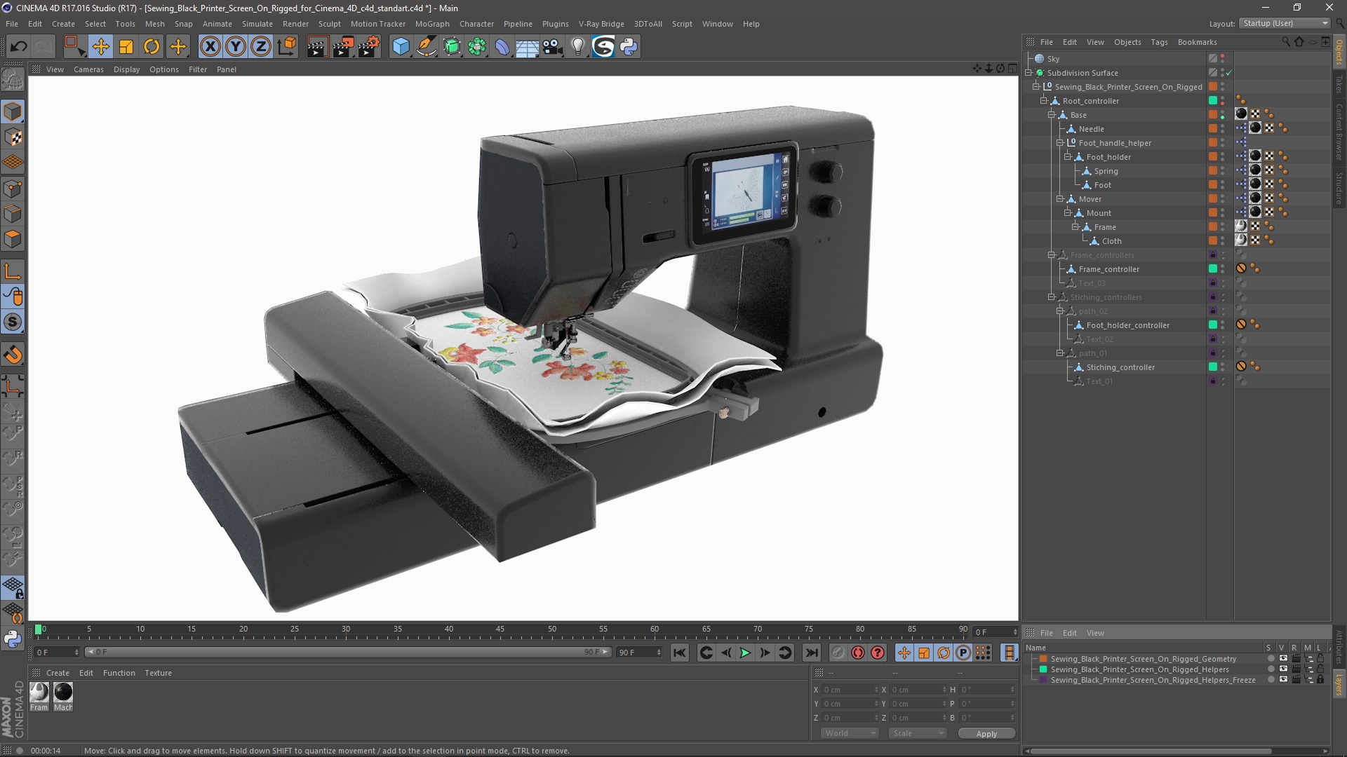 3D Sewing Black Printer Screen On Rigged for Cinema 4D