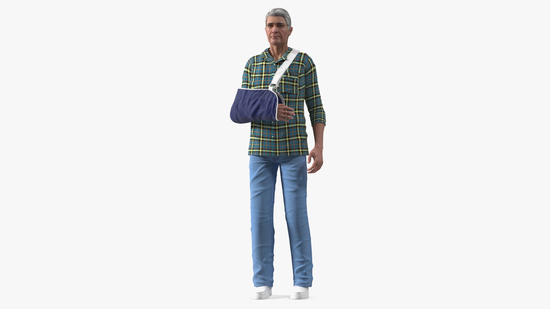 3D Elderly Man Arm Sling Bandage Hand Blue Rigged